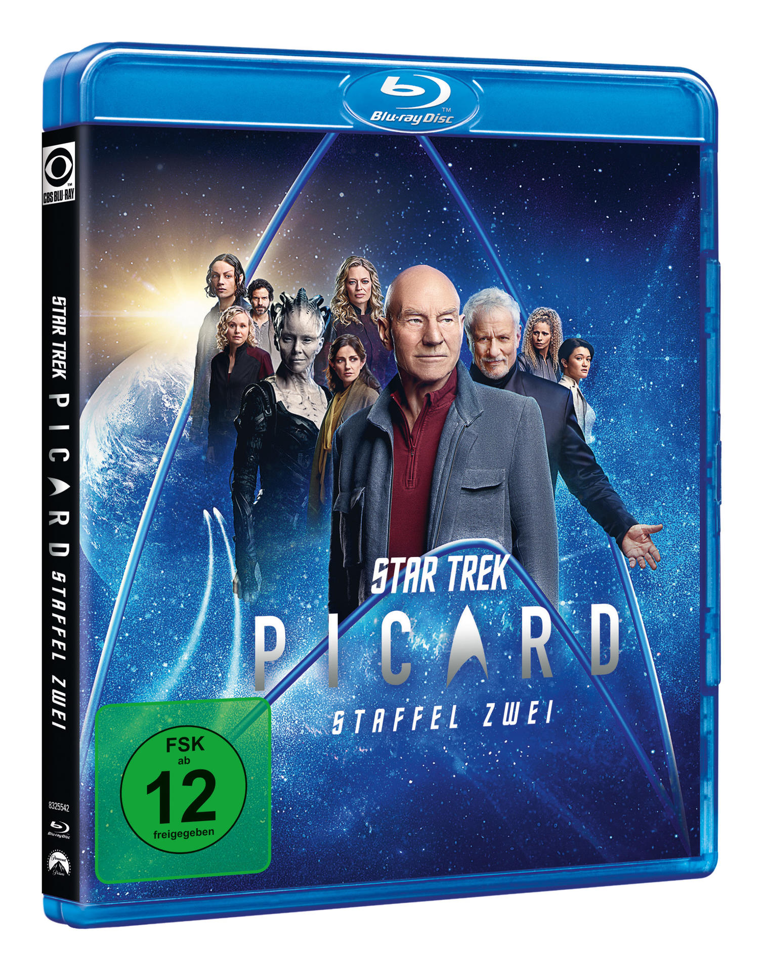 Blu-ray von Star Trek Picard Staffel Zwei. Darsteller auf dem Cover, blauer Hintergrund.