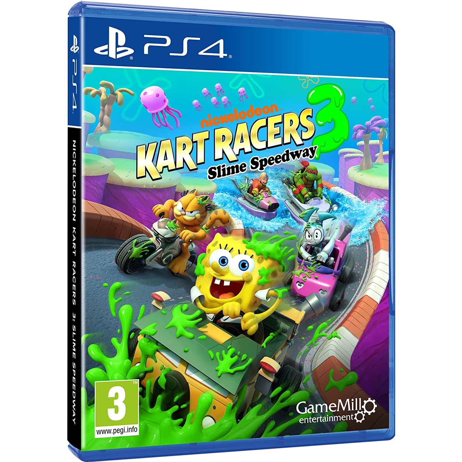 Caja del juego Nickelodeon Kart Racers 3, con personajes de dibujos animados.