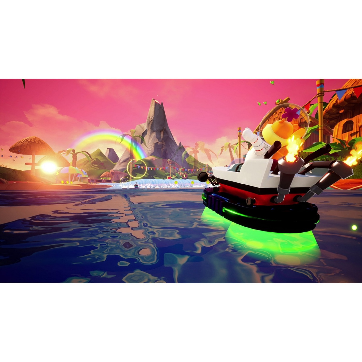 Escena de juego: Un barco flota en el agua, un arcoíris se extiende en el fondo.