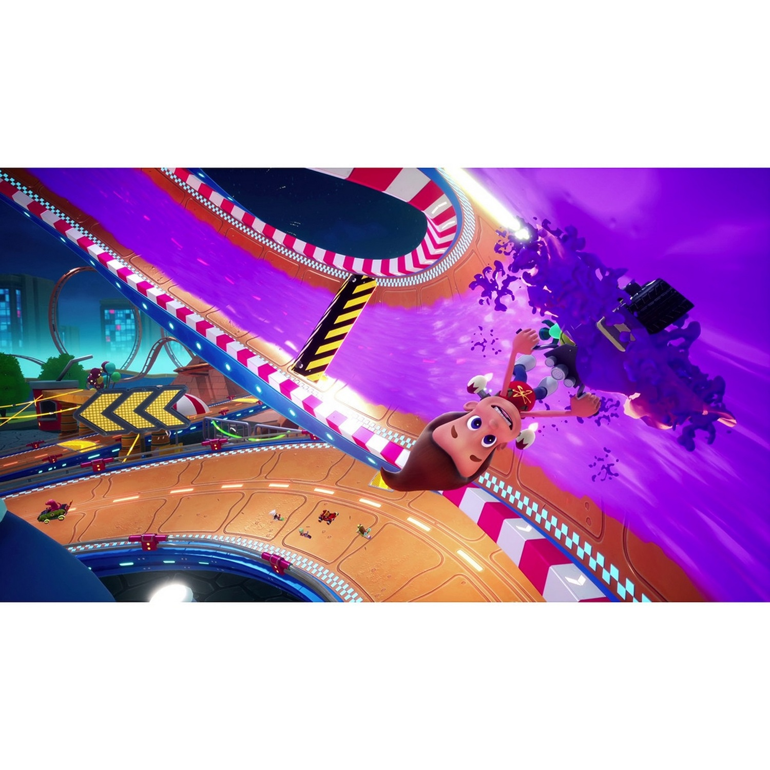 Una escena de juego con un personaje de dibujos animados boca abajo en una pista de carreras. El fondo es morado.