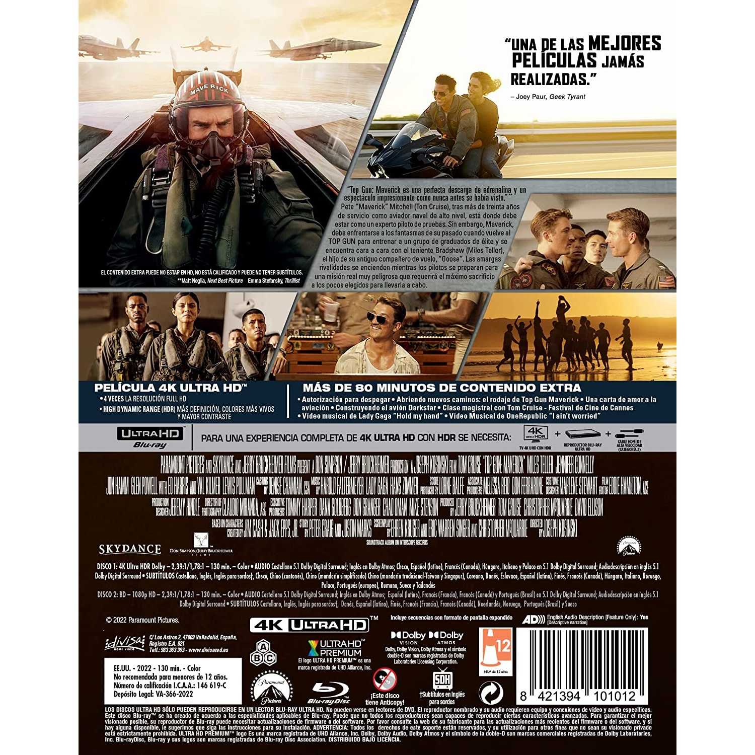 Caja Blu-ray de Top Gun: Maverick con Tom Cruise y texto en varios idiomas.