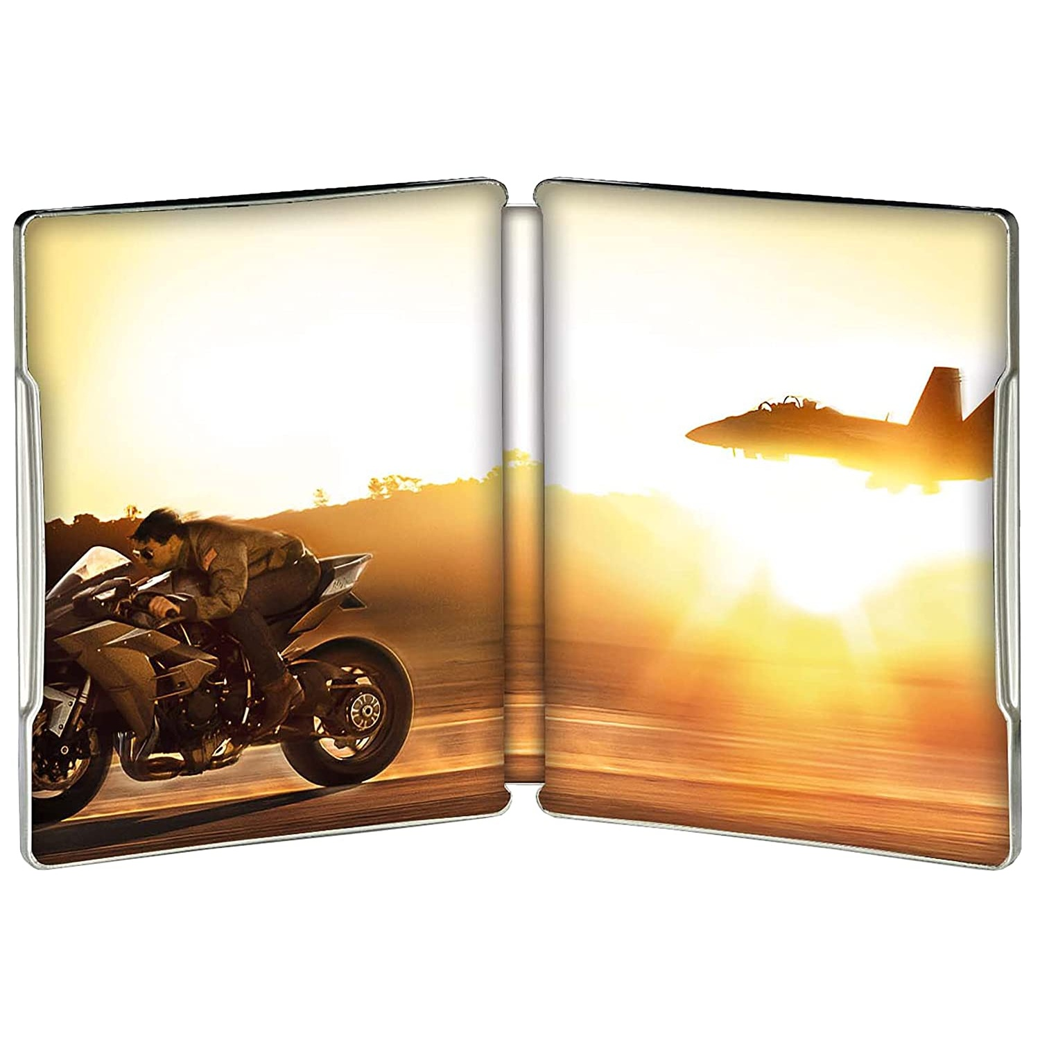 Portada de una película. Una moto y un avión a reacción en el encuadre con un sol cálido detrás.