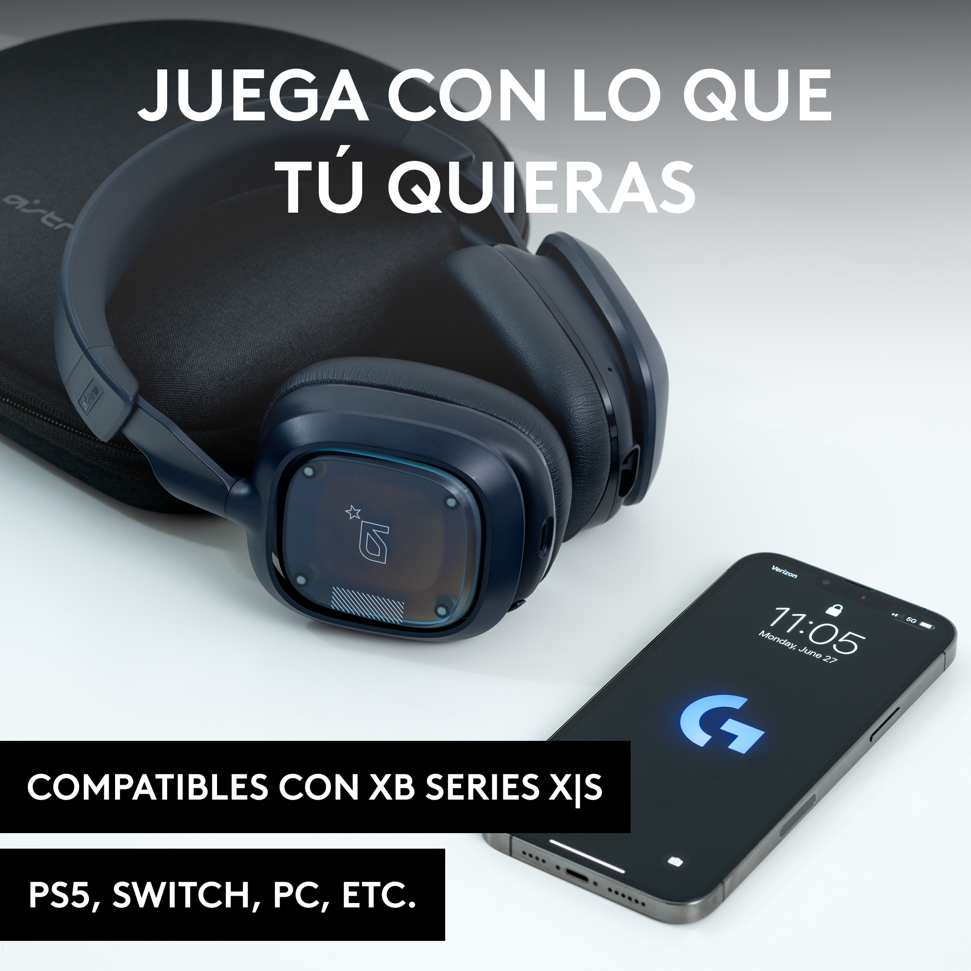 Auriculares y un teléfono inteligente. El texto dice 'Juega lo que quieras' y 'Compatible con XB serie X|S, PS5, Switch, PC, etc.'.