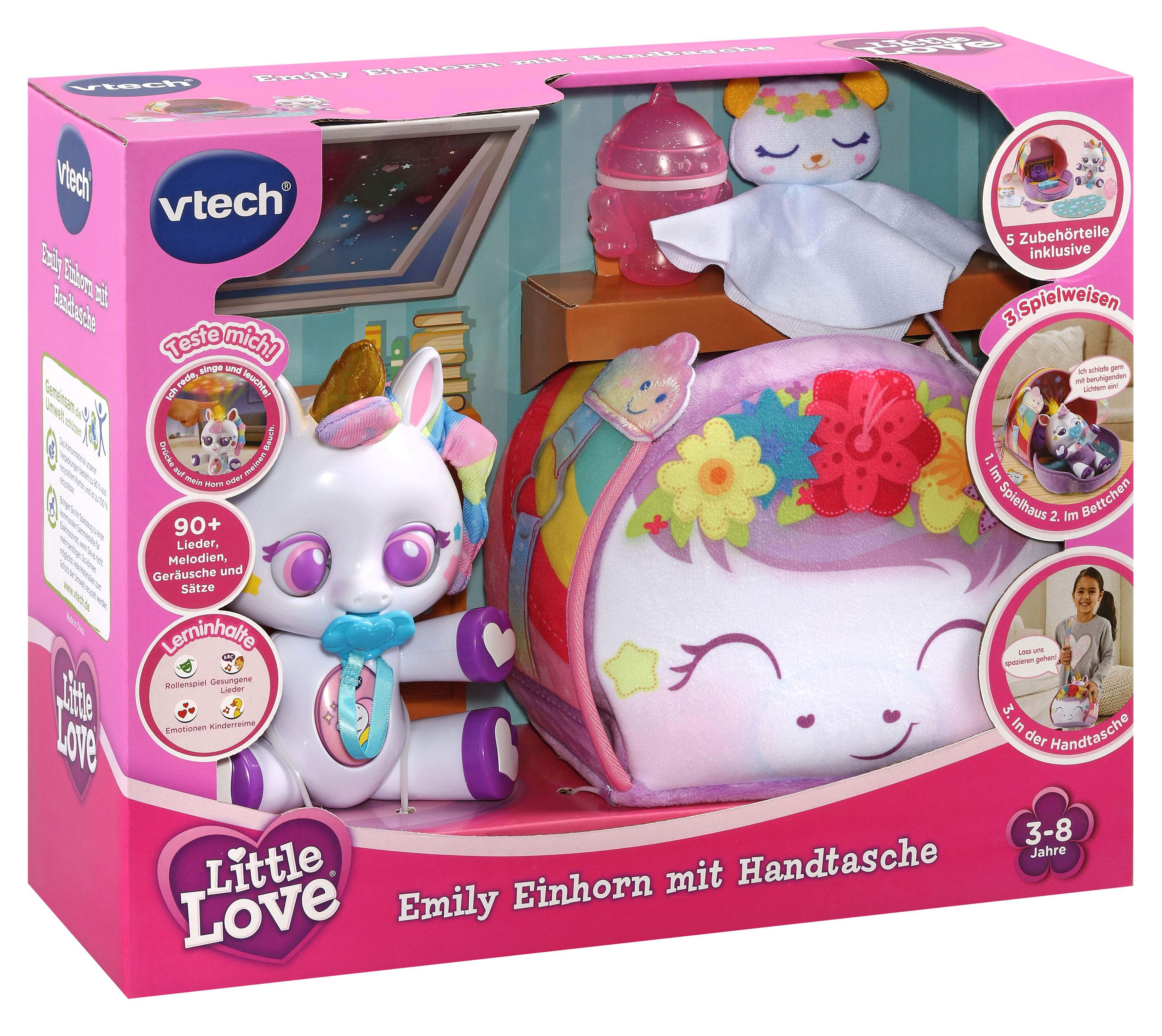 Einhorn - Little mit Handtasche VTECH Mehrfarbig Emily Love Funktionspuppe,