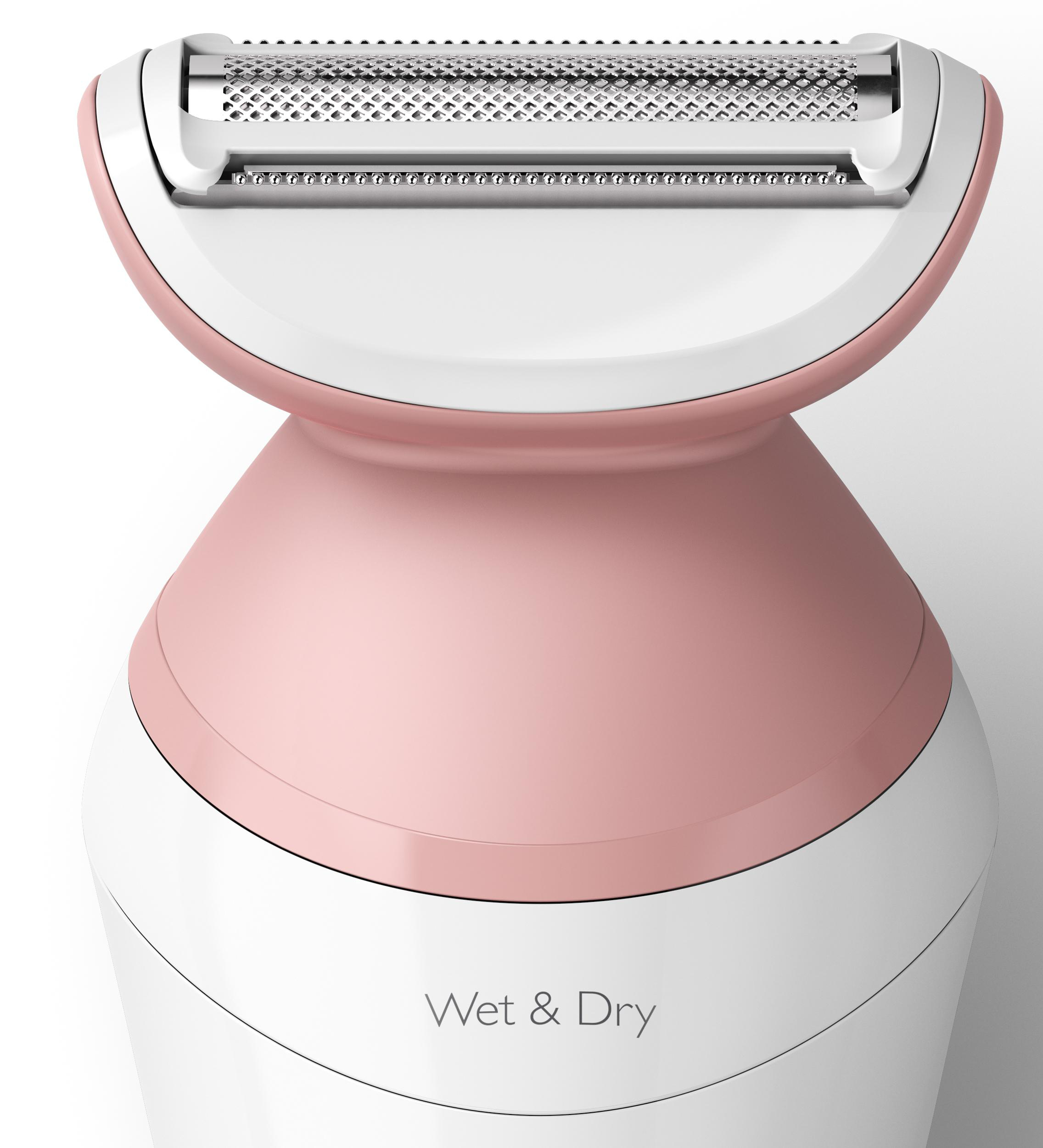 Nahaufnahme eines rosa-weißen Philips Nass- und Trocken-Epilierkopfes. Glattes, sauberes Design.