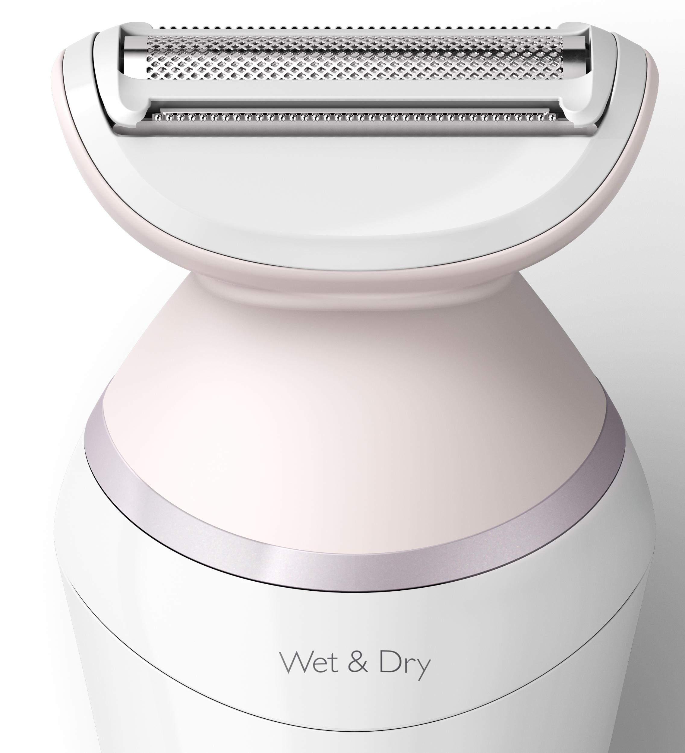 Nahaufnahme eines weißen und rosa Philips Wet & Dry Elektrorasiererkopfes.
