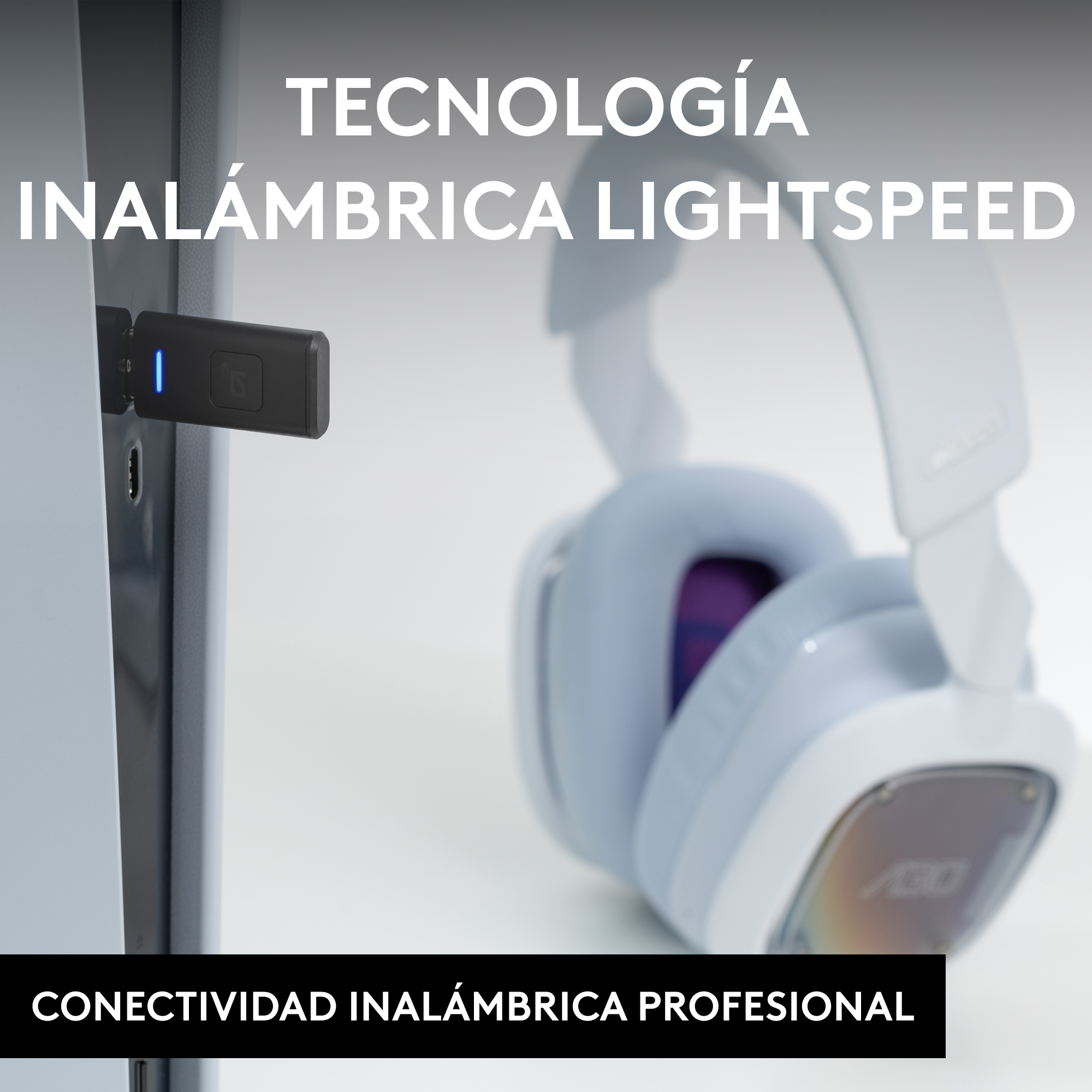 Auriculares y receptor USB. El texto en la imagen dice: Lightspeed inalámbrico, conectividad inalámbrica profesional.
