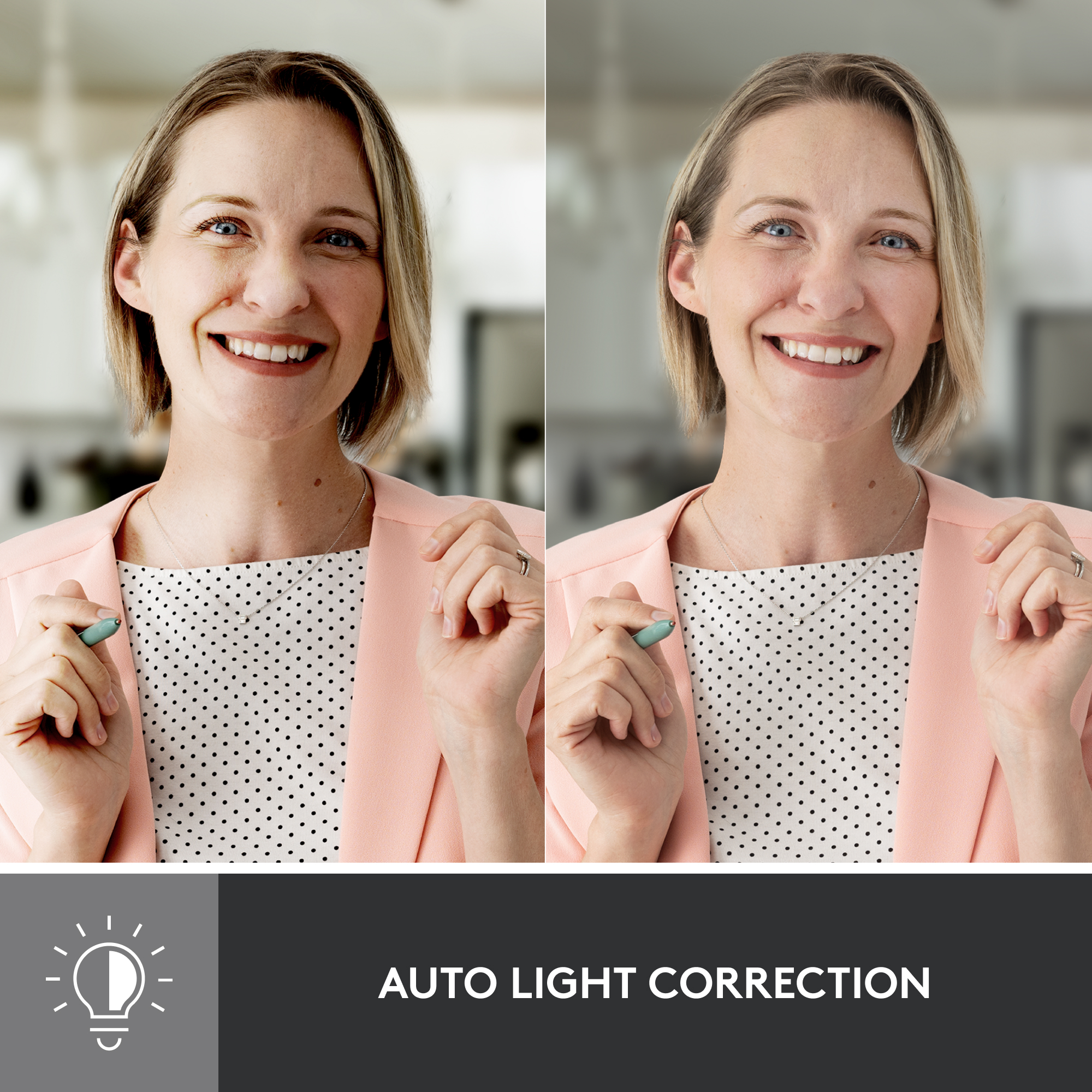 Deux images d'une femme souriante. L'une montre l'image originale, l'autre la correction automatique de la lumière.