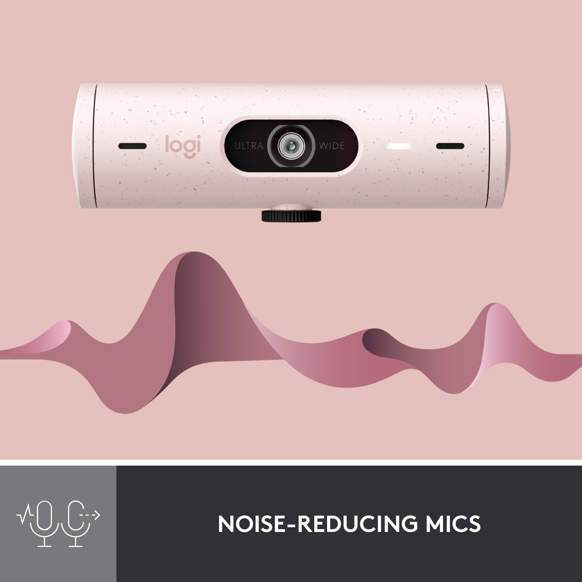 Une webcam blanche avec le texte "logi ULTRA WIDE" et un fond rose avec un graphique d'onde sonore.