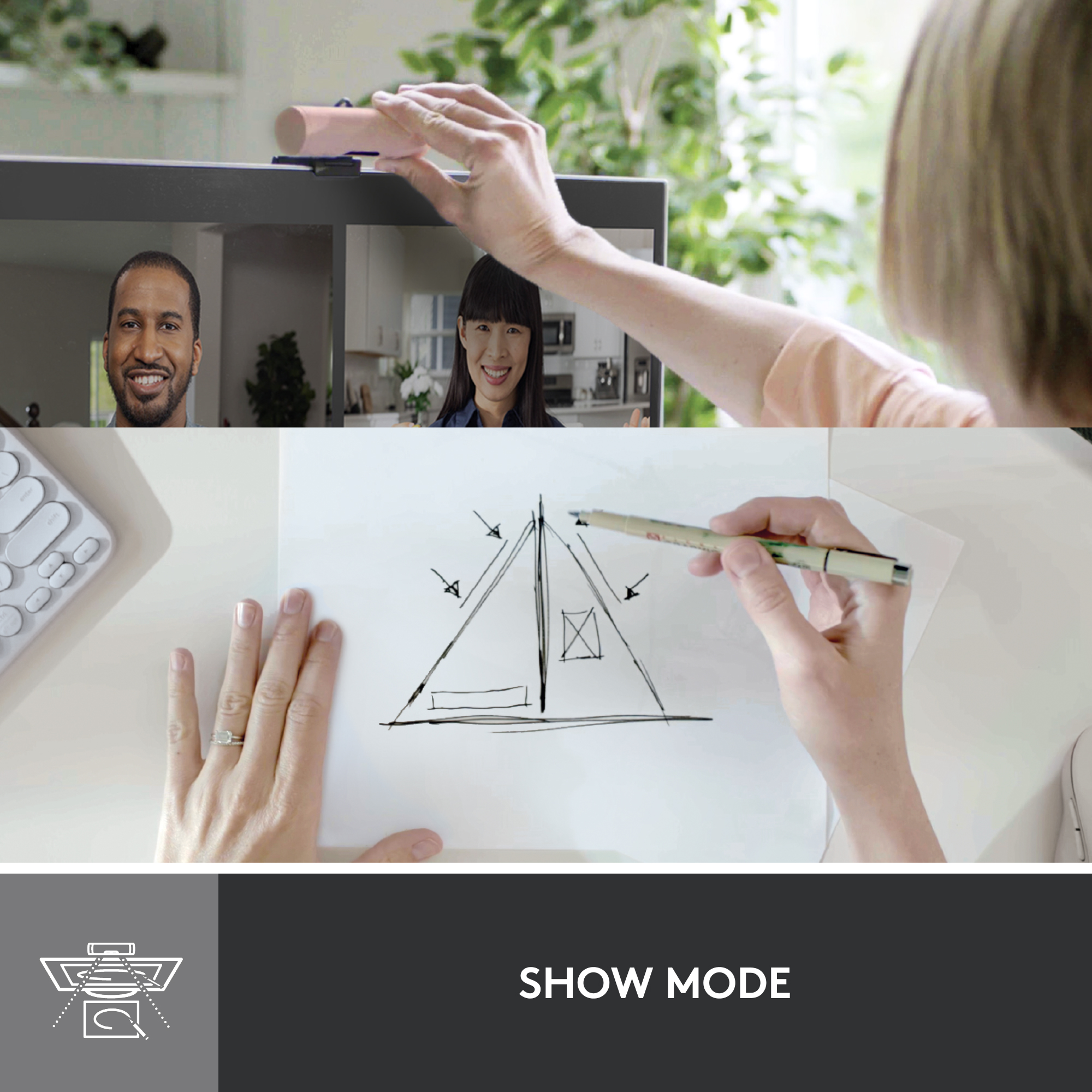 Une personne ajustant une webcam. Deux personnes à l'écran et un dessin de maison.