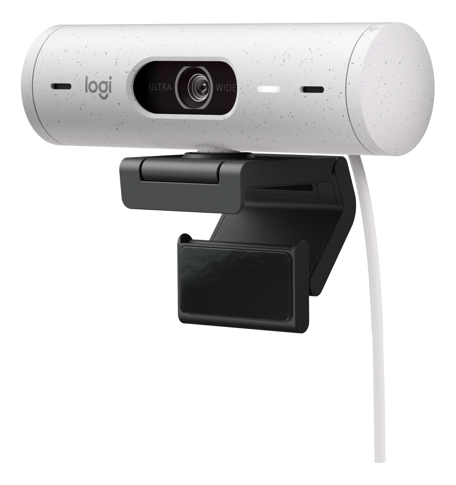 Webcam Logitech blanche. Support noir et objectif avec 'ULTRA WIDE'.