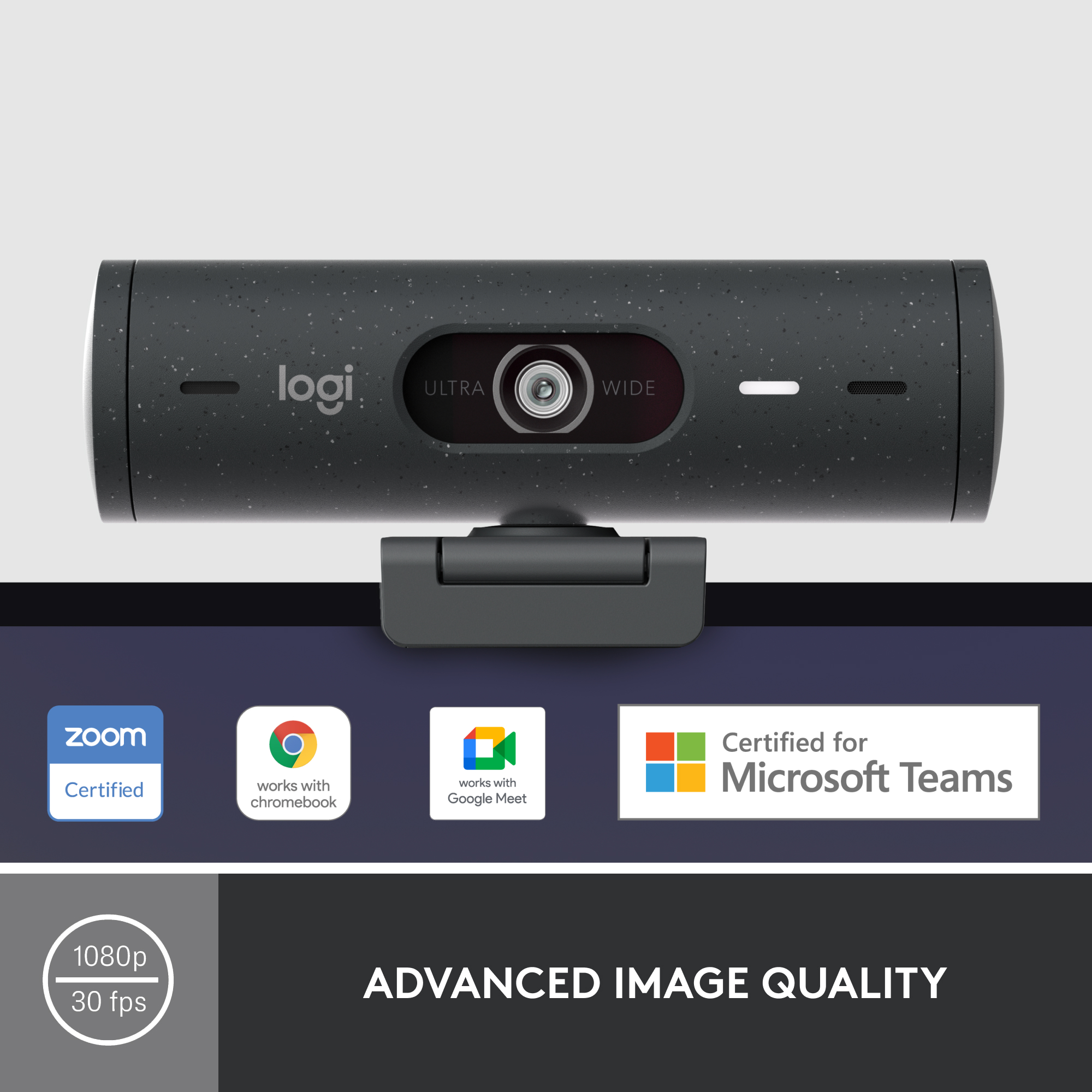 Webcam noire avec la marque "logi". Caractéristiques : ultra, large, certifié par Zoom et Microsoft Teams.