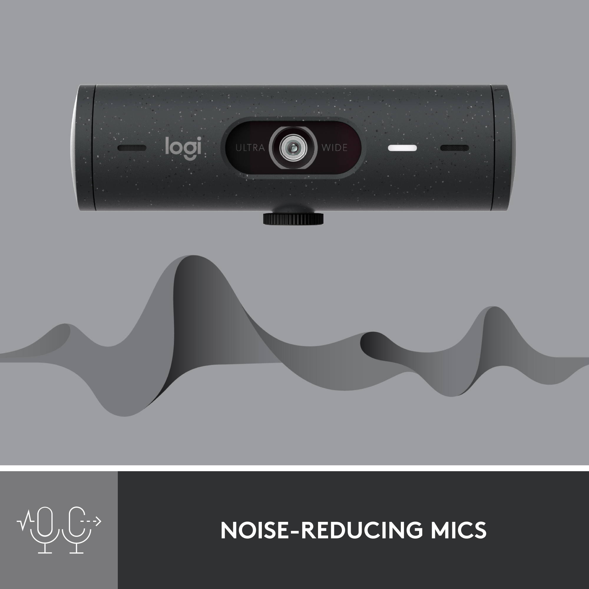 Webcam Logi ultra large, graphique des micros antibruit et onde sonore.