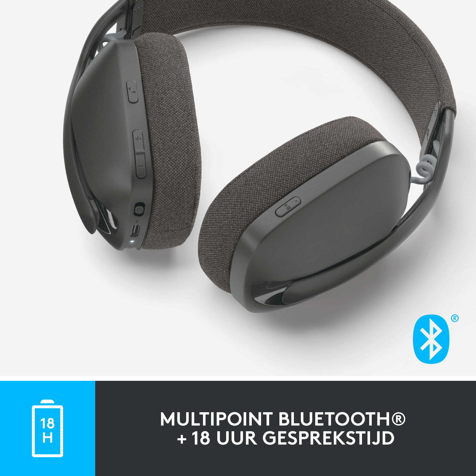 Headphones, black, with 18H battery life, Bluetooth logo.