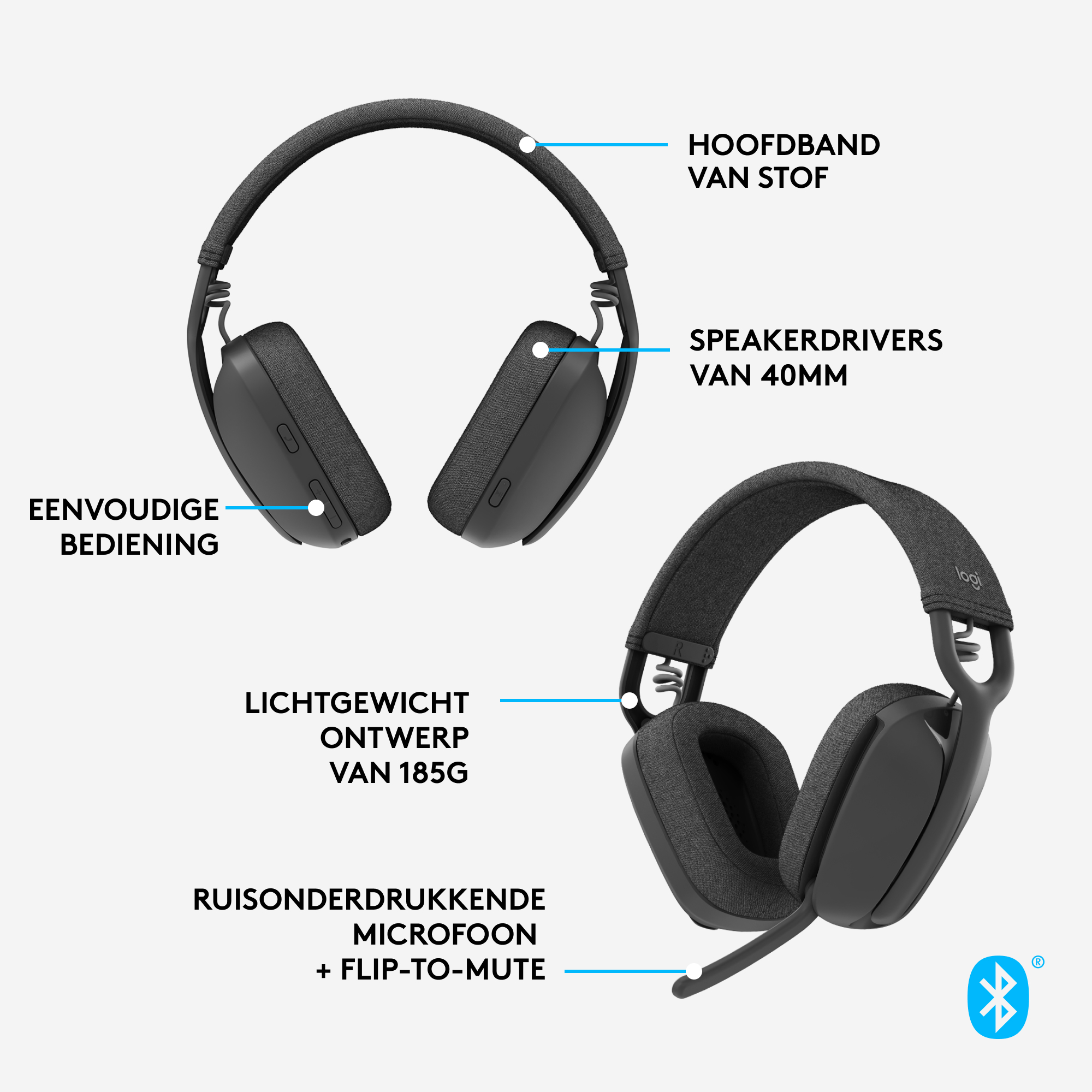 Headphones with text labels, showing features such as microphone and headband.