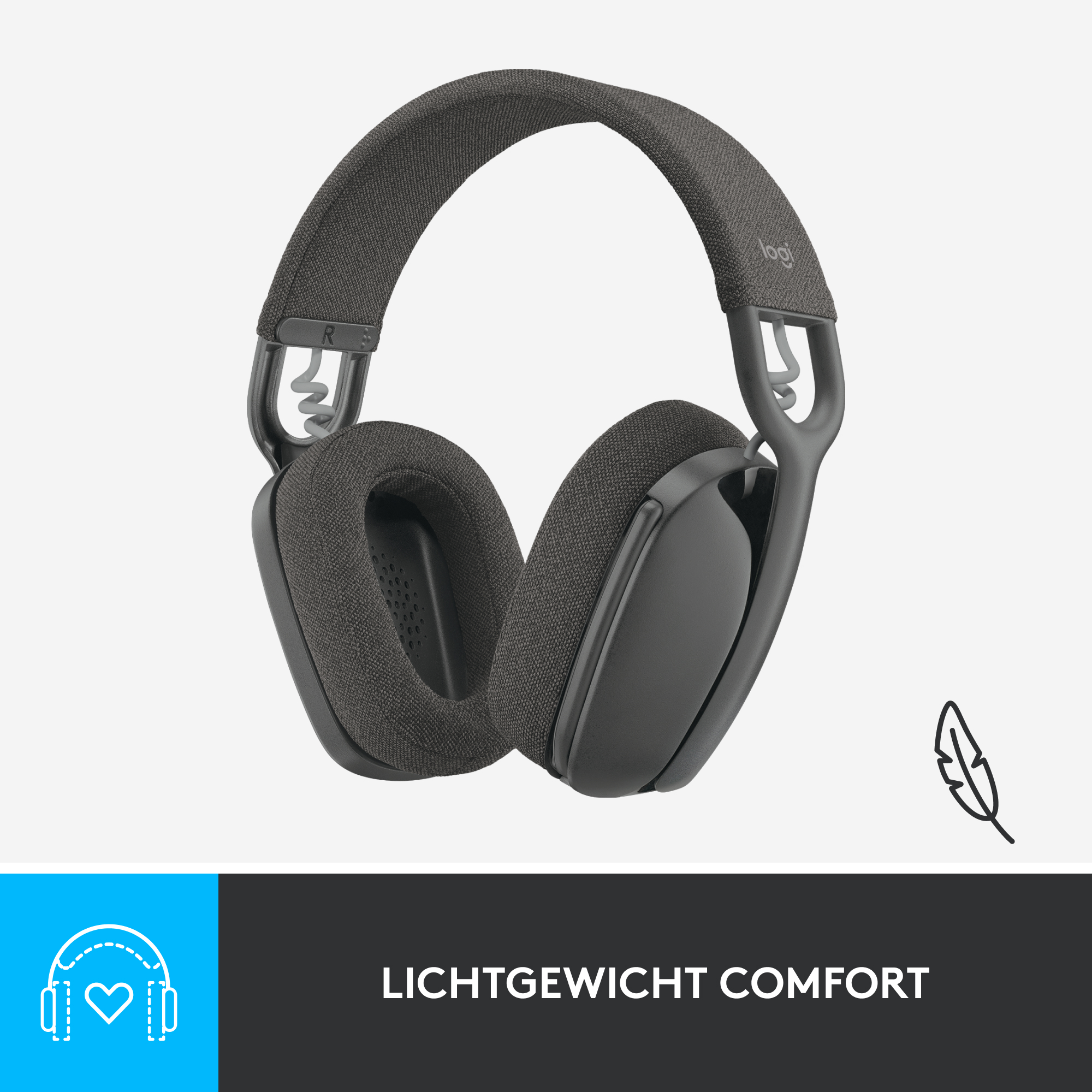 Grey headphones with a feather icon and the words "LIGHTWEIGHT COMFORT" below them.