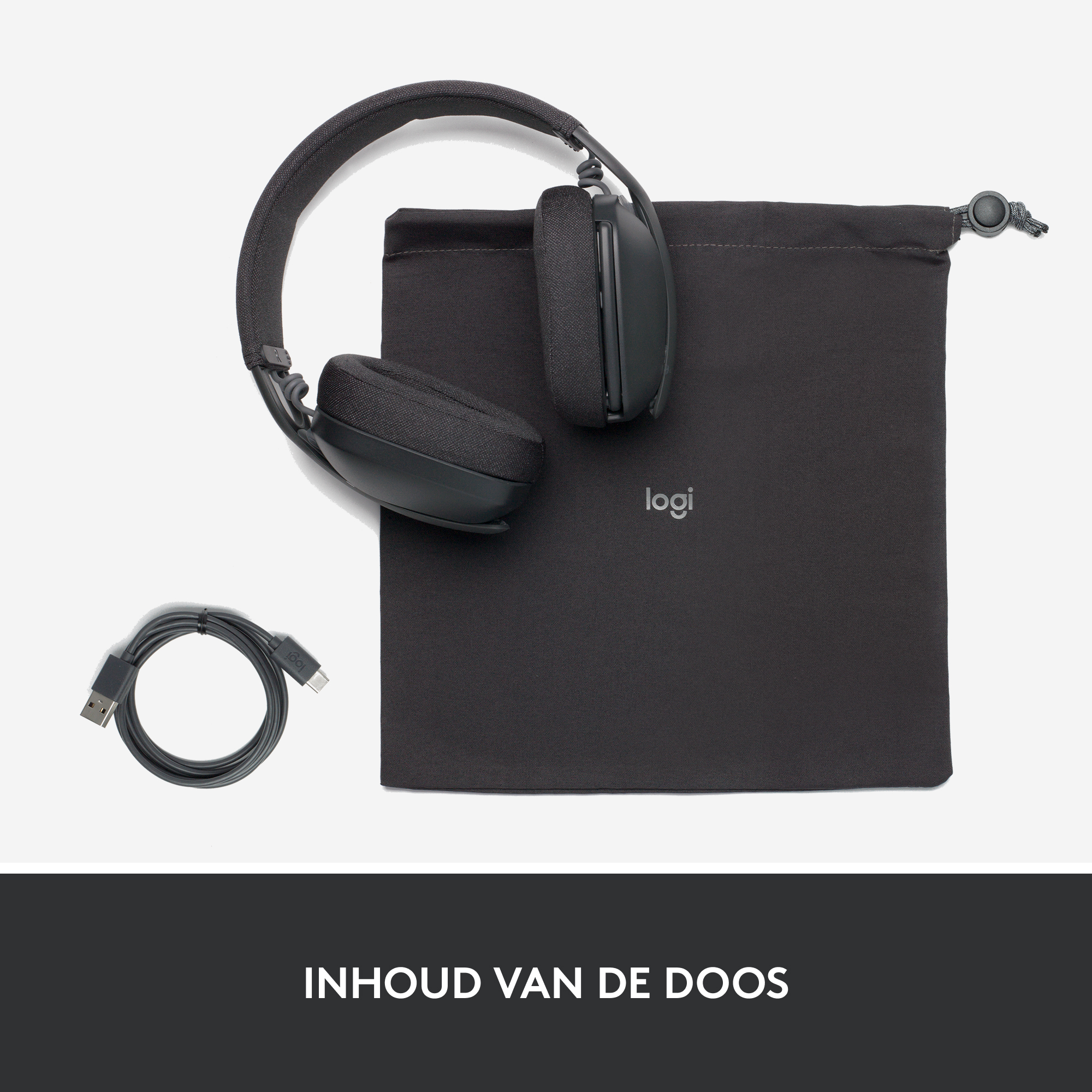 A black Logitech headset with a carrying bag and a charging cable.