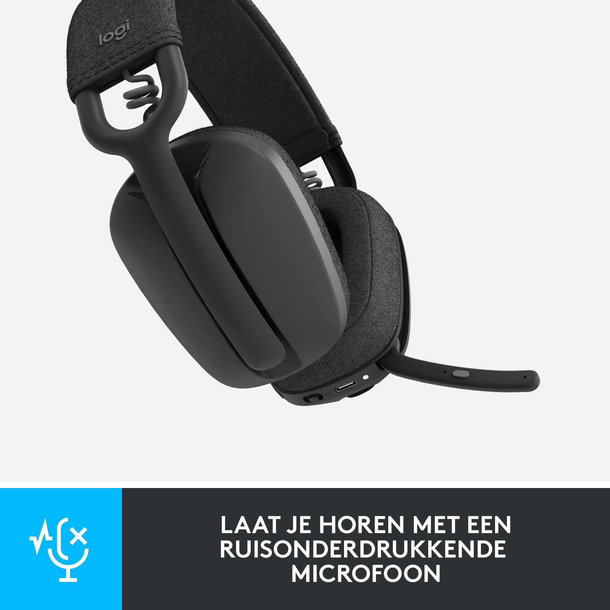 Black headset with a microphone. The logo is on the side. The background is white.