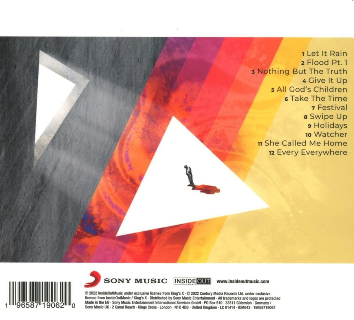 Albumcover mit Titelliste. Eine Person steht in der Nähe einer weißen Form innerhalb eines bunten Designs.