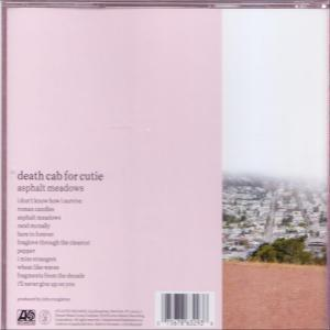Albumcover für Death Cab for Cutie's 'Asphalt Meadows', mit Titelliste und Stadtansicht.