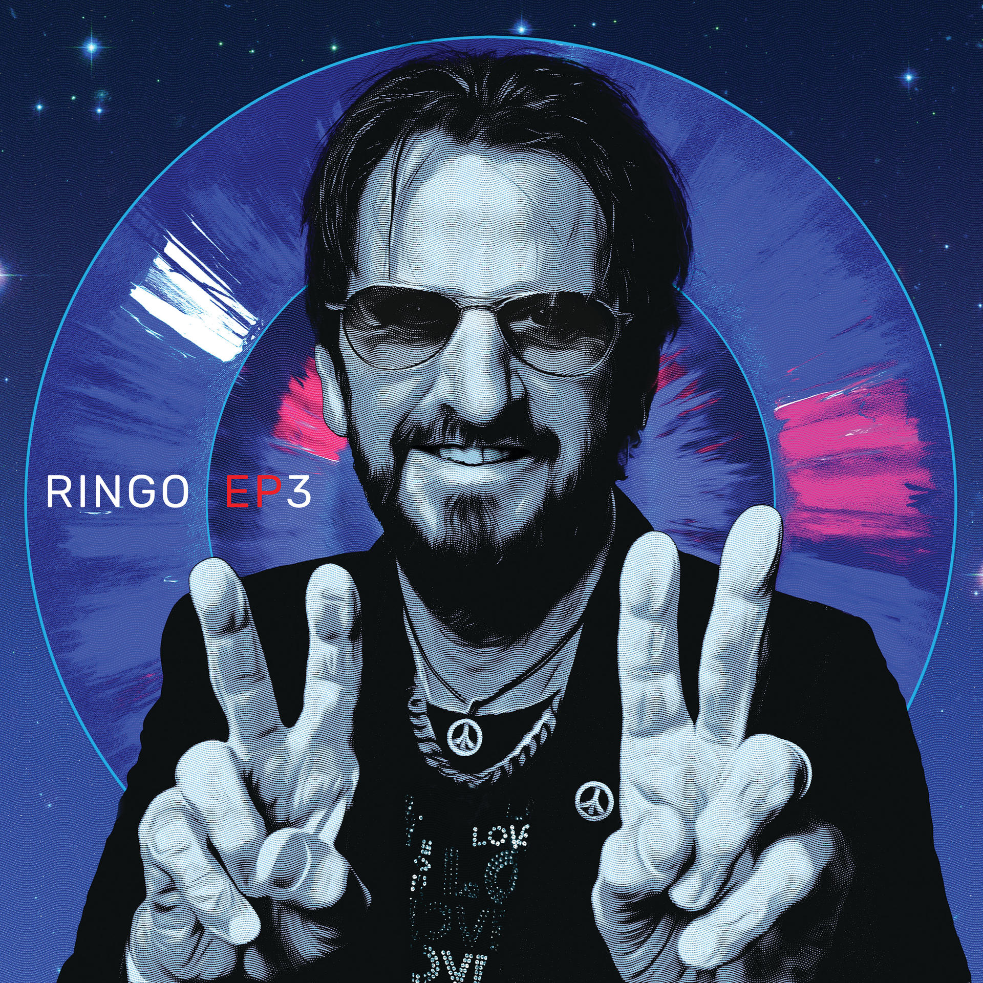 Ringo Starr békejelekkel, kék tónusú háttérrel, a 'RINGO EP 3' felirattal.