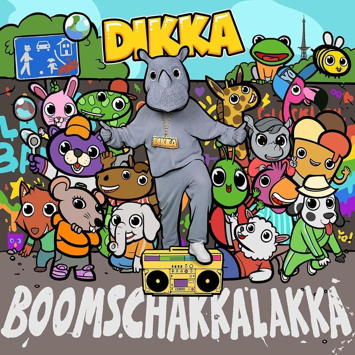 Illustration verschiedener Zeichentricktiere. Eine Figur mit Nashornmaske steht über einer Boombox.