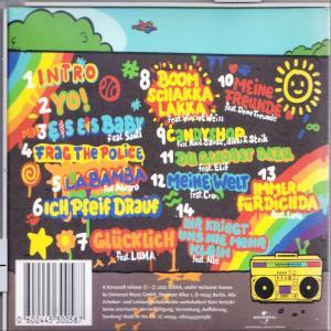 Albumcover mit Titelliste. Bunt, Graffiti-Stil. Enthält eine gelbe Boombox und eine Sonne.