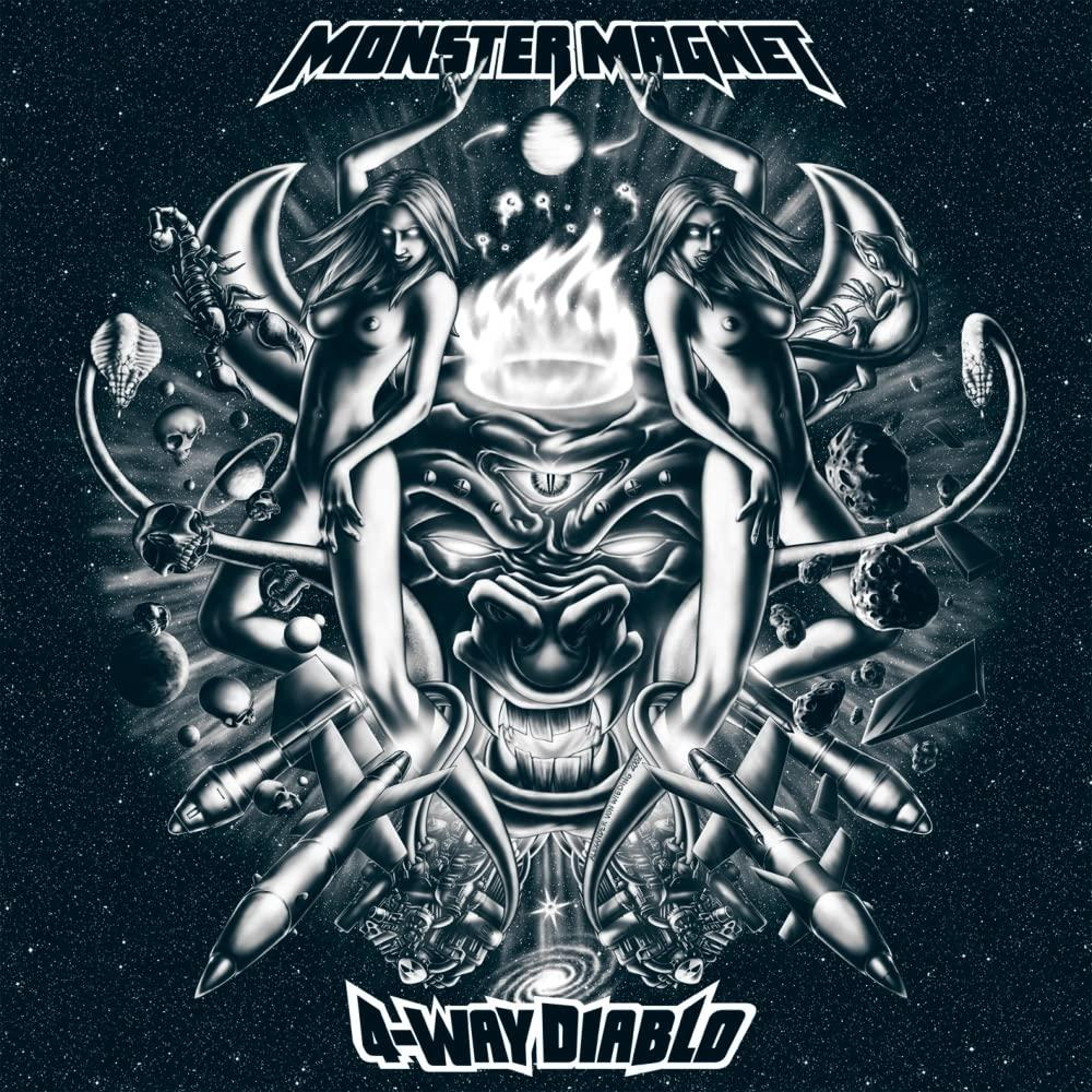 A Monster Magnet - D-Way Diablo album borítója. Démonokat, meztelen nőket, koponyákat és rakétákat ábrázol űrbéli jelenetben.