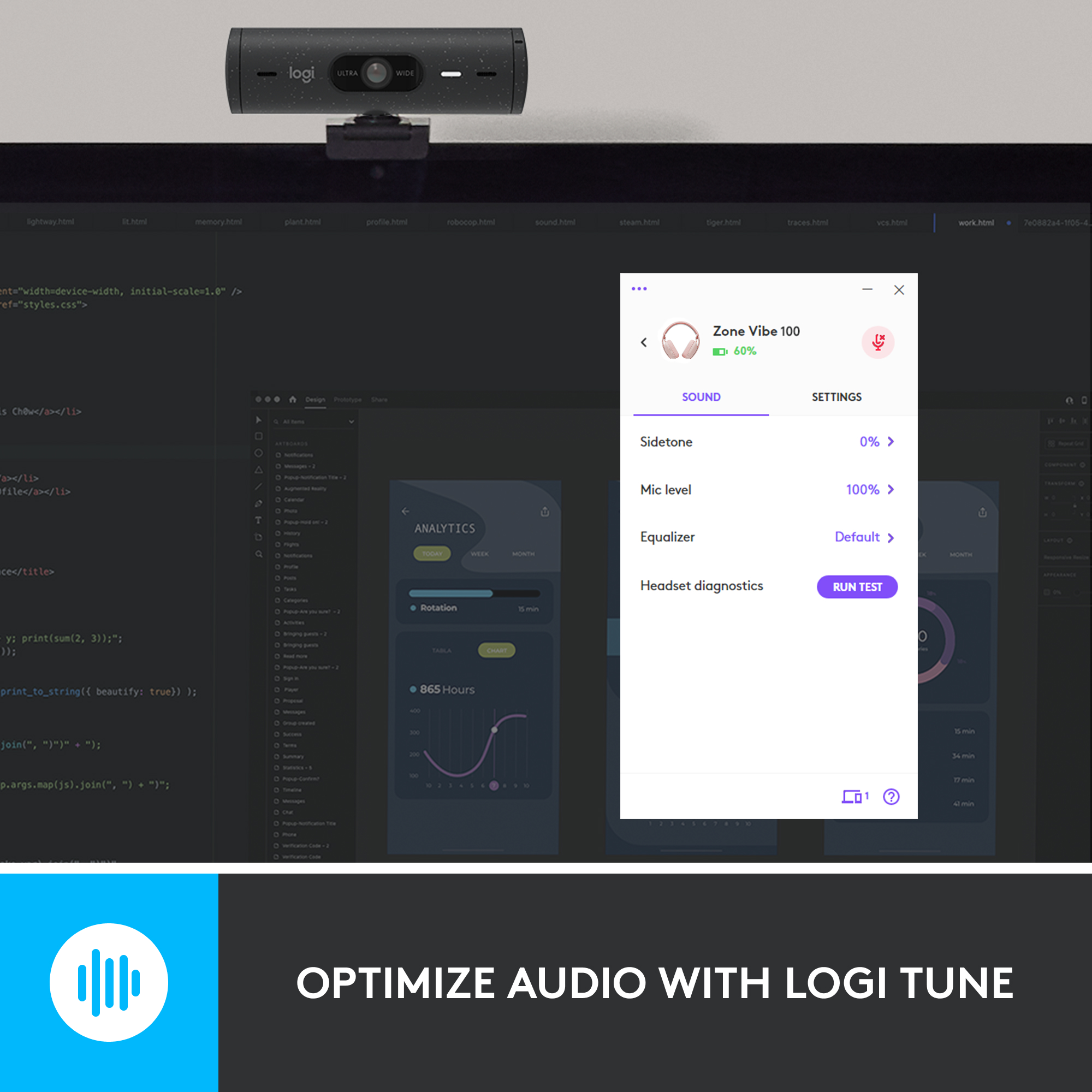 Ein Mann in einem Videoanruf mit einem Bildschirm, der eine Logitech-App mit Einstellungen zeigt.