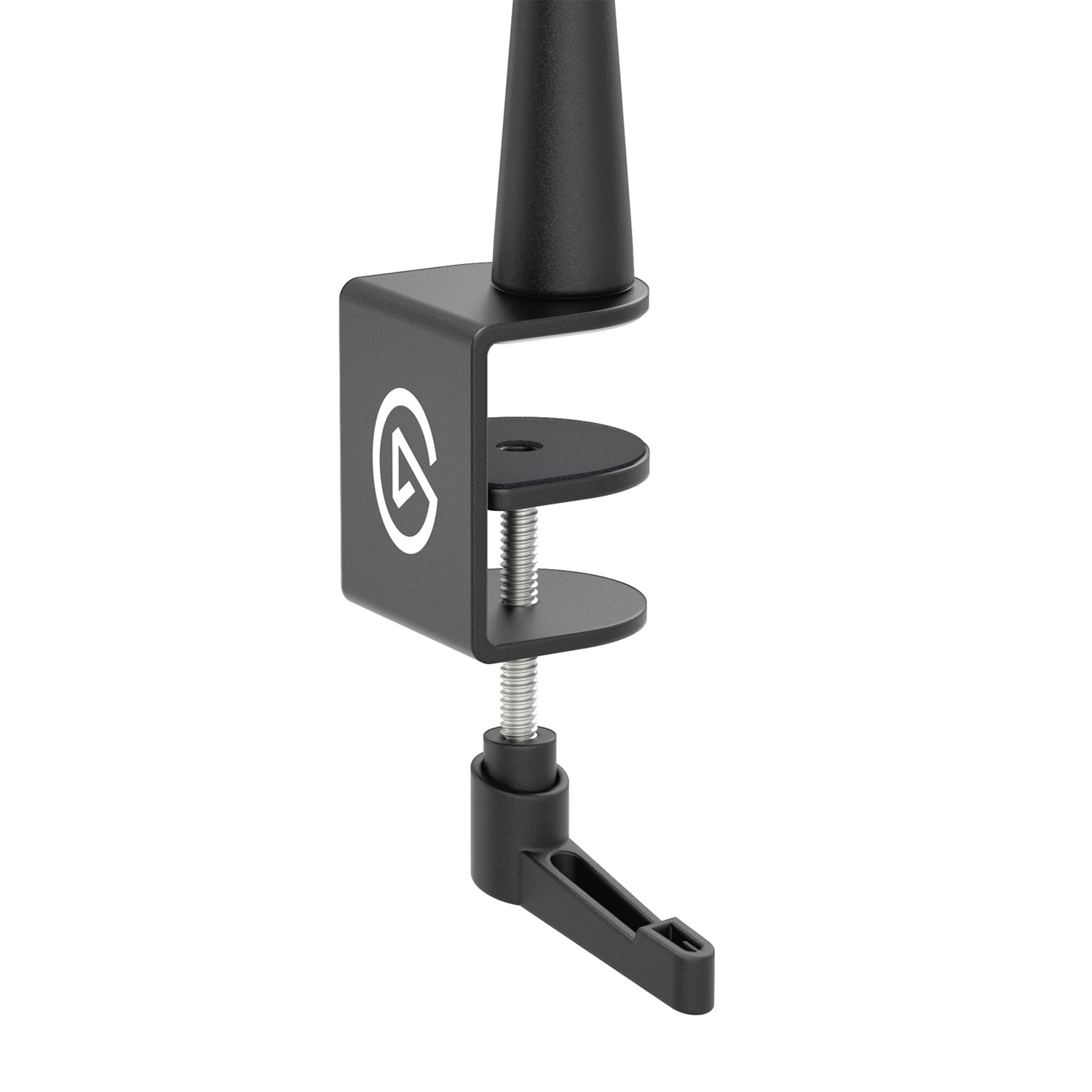Morsetto per supporto monitor nero con logo. Sfondo bianco.