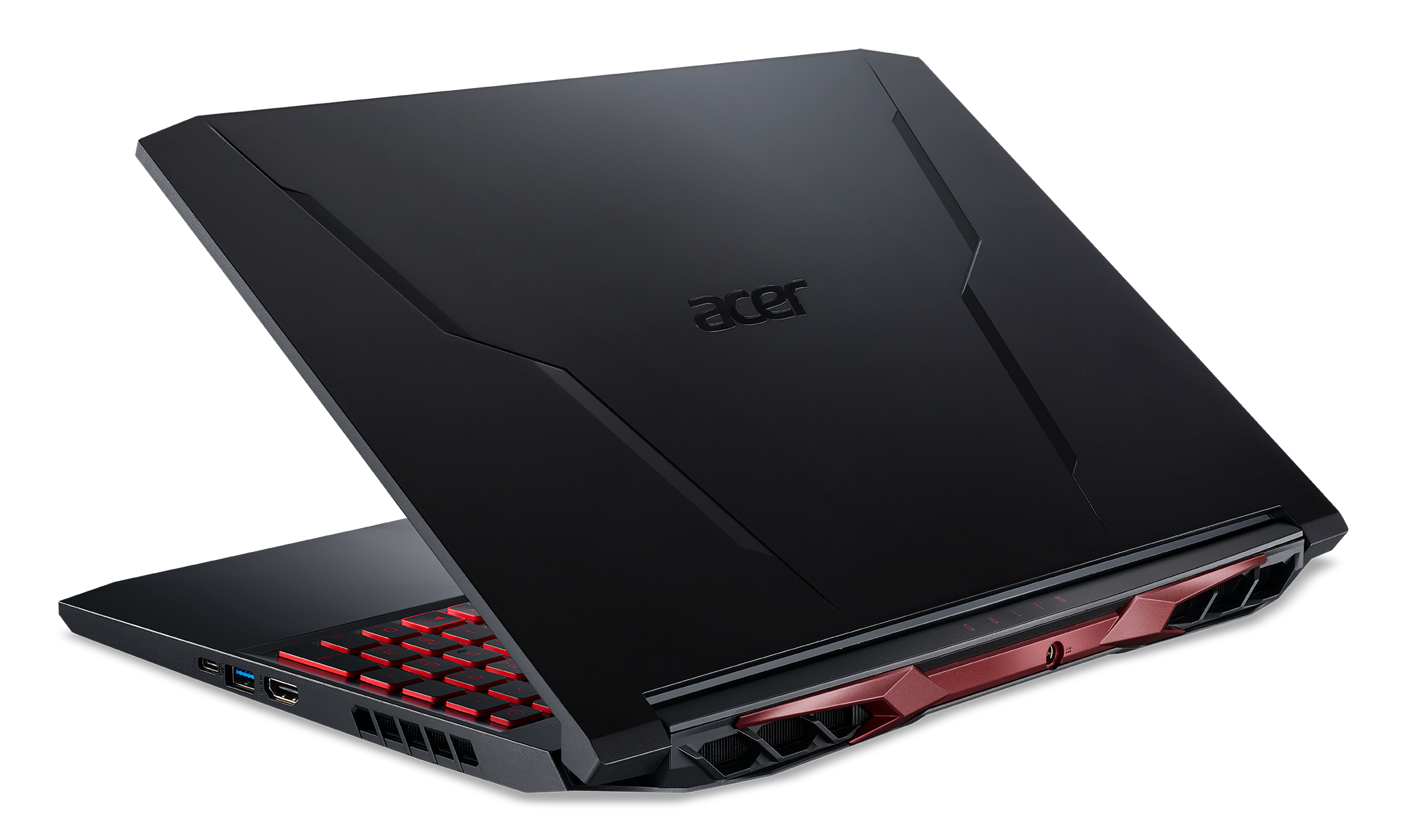 Kırmızı ışıklı klavyeli siyah Acer dizüstü bilgisayar.
