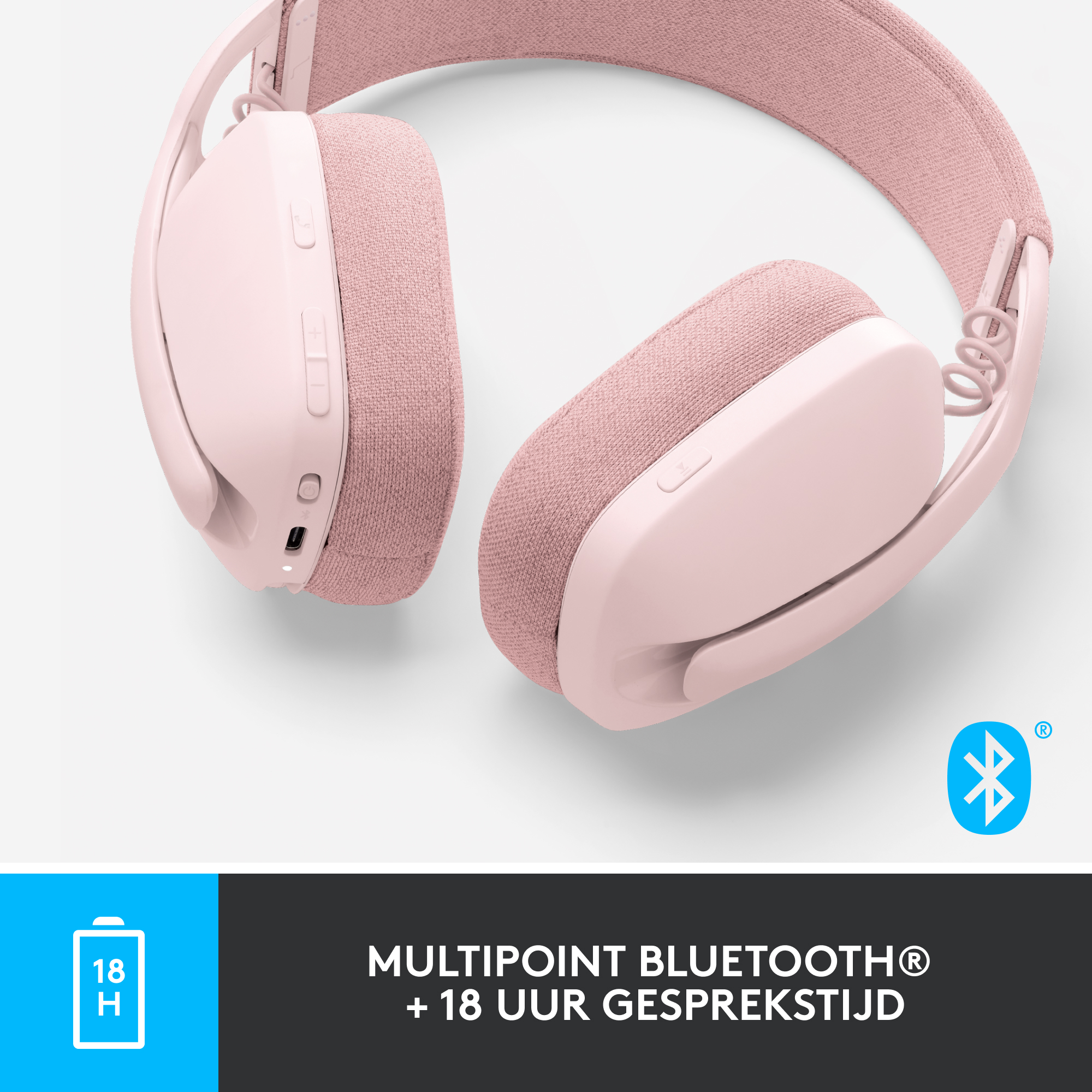 Roze over-ear koptelefoon met Bluetooth-symbool en tekst over batterij en gesprekstijd.
