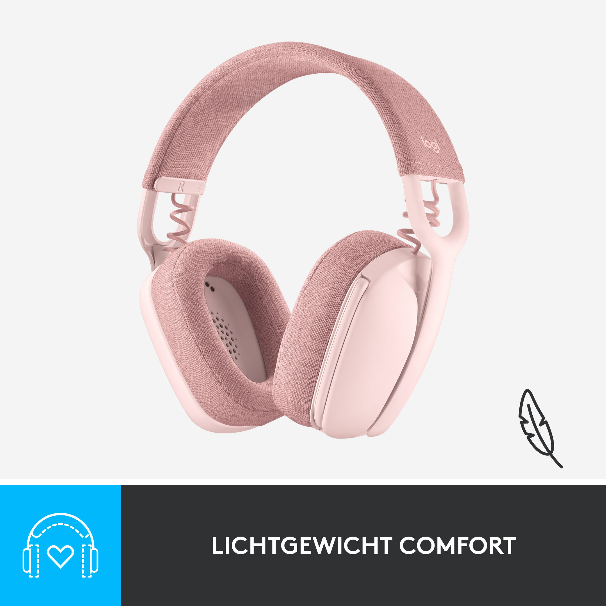 Roze draadloze koptelefoon. Zachte oorschelpen en hoofdband, met logo.