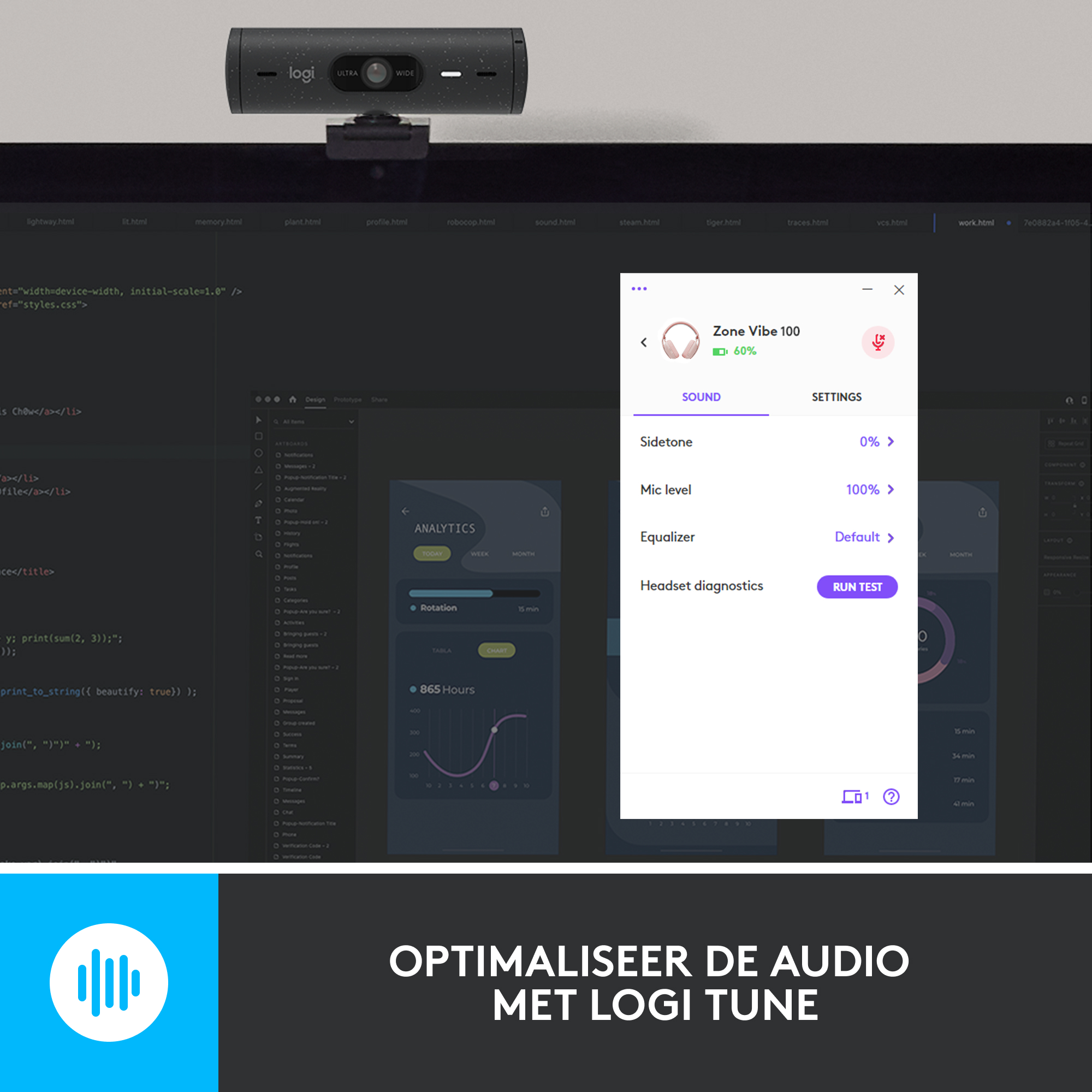 Scherm met een webcam en een software-interface. Tekst: Optimaliseer audio met Logi Tune.