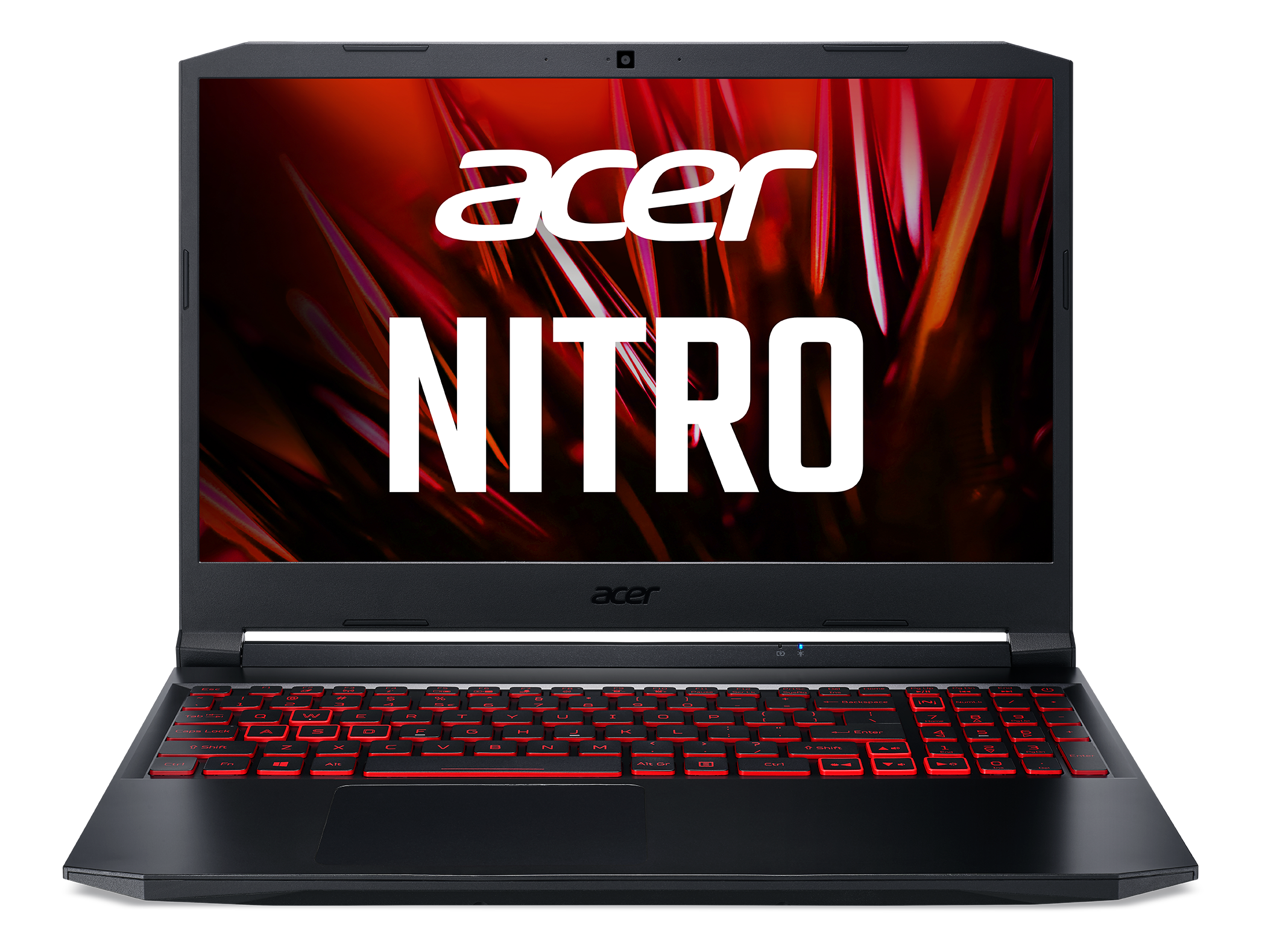 Kırmızı klavye arka aydınlatması ve ekran görüntüsü olan siyah Acer Nitro dizüstü bilgisayar.