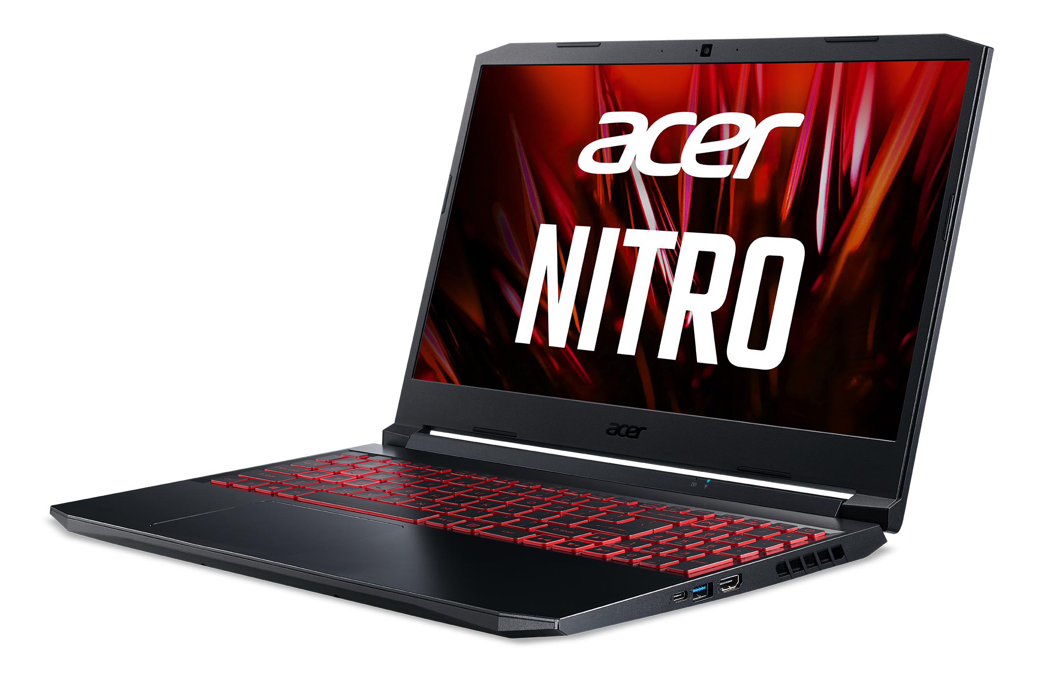 Kırmızı arkadan aydınlatmalı klavyeye sahip siyah bir dizüstü bilgisayar ve beyaz harflerle 'acer NITRO' görüntüleyen bir ekran.