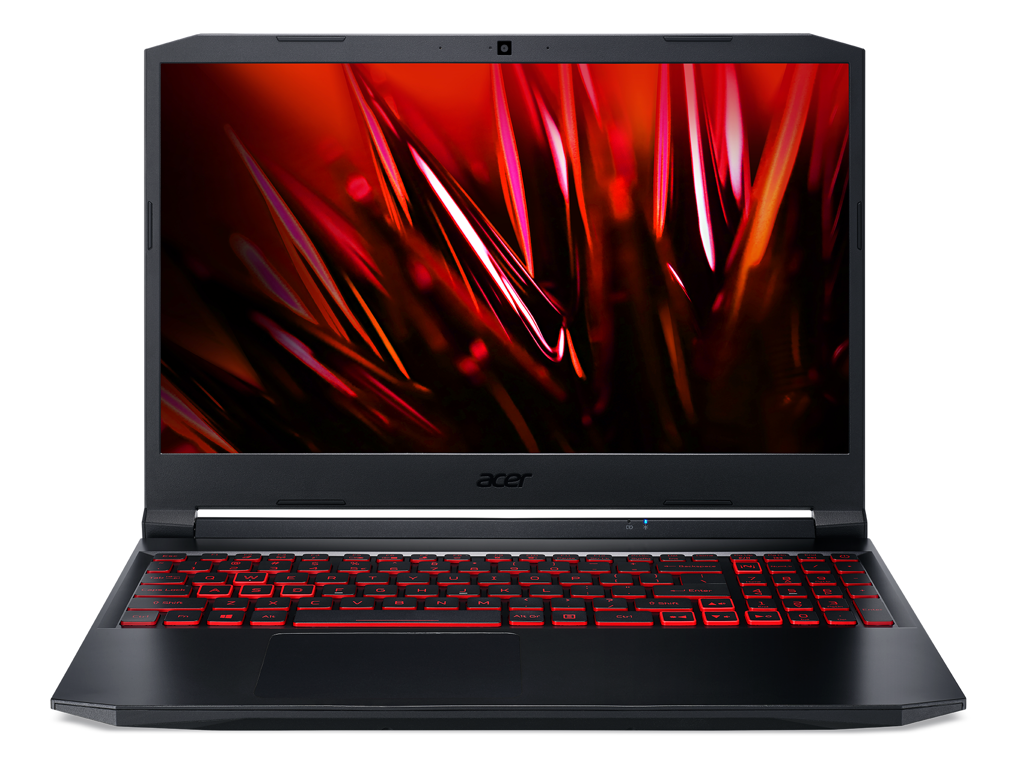 Kırmızı arkadan aydınlatmalı bir klavyeye sahip siyah bir dizüstü bilgisayar, siyah bir yüzeyde açık.