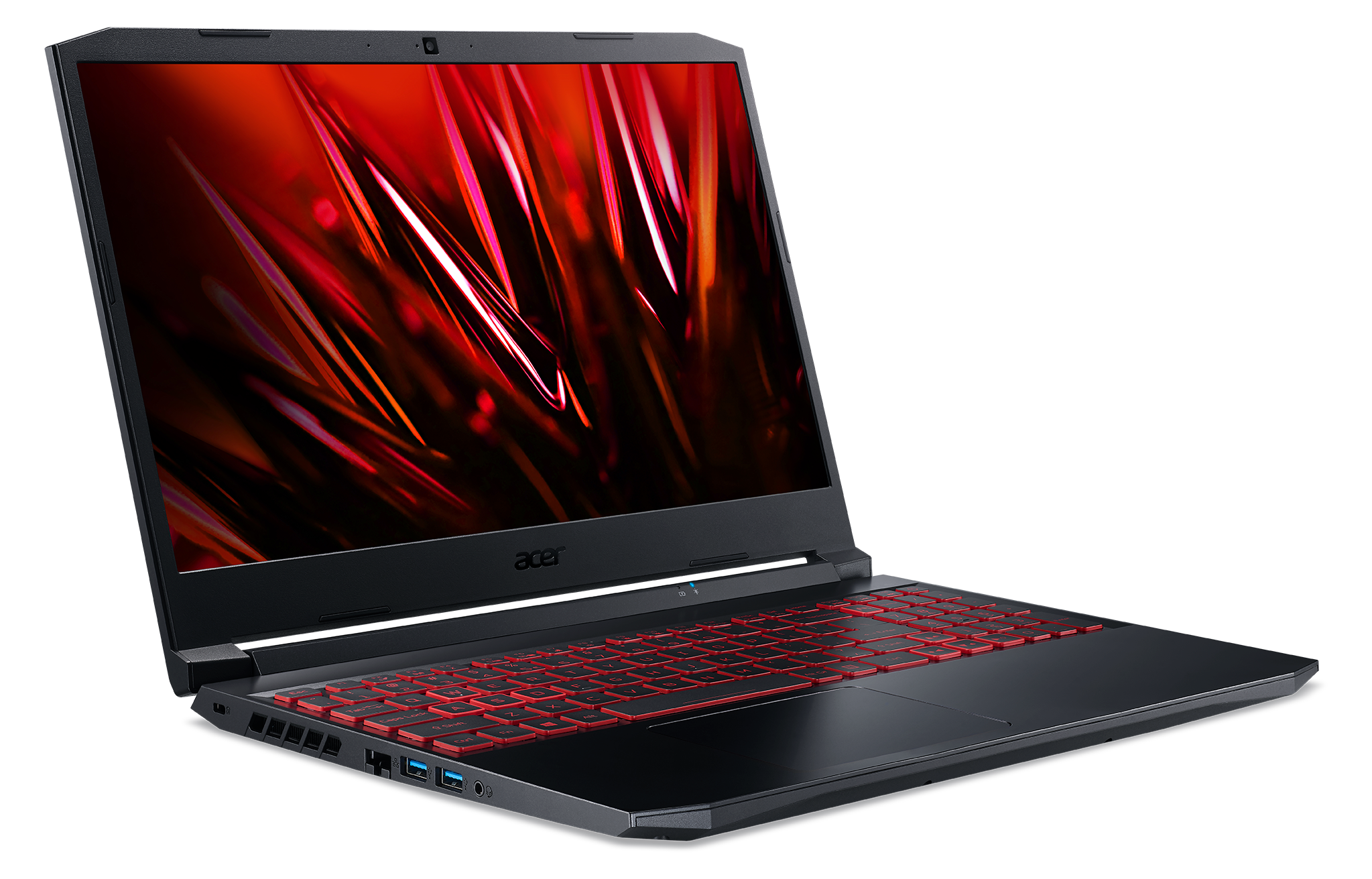 Siyah ve kırmızı bir Acer dizüstü bilgisayar, açık bir ekranla, siyah bir arka plana karşı yerleştirilmiş.