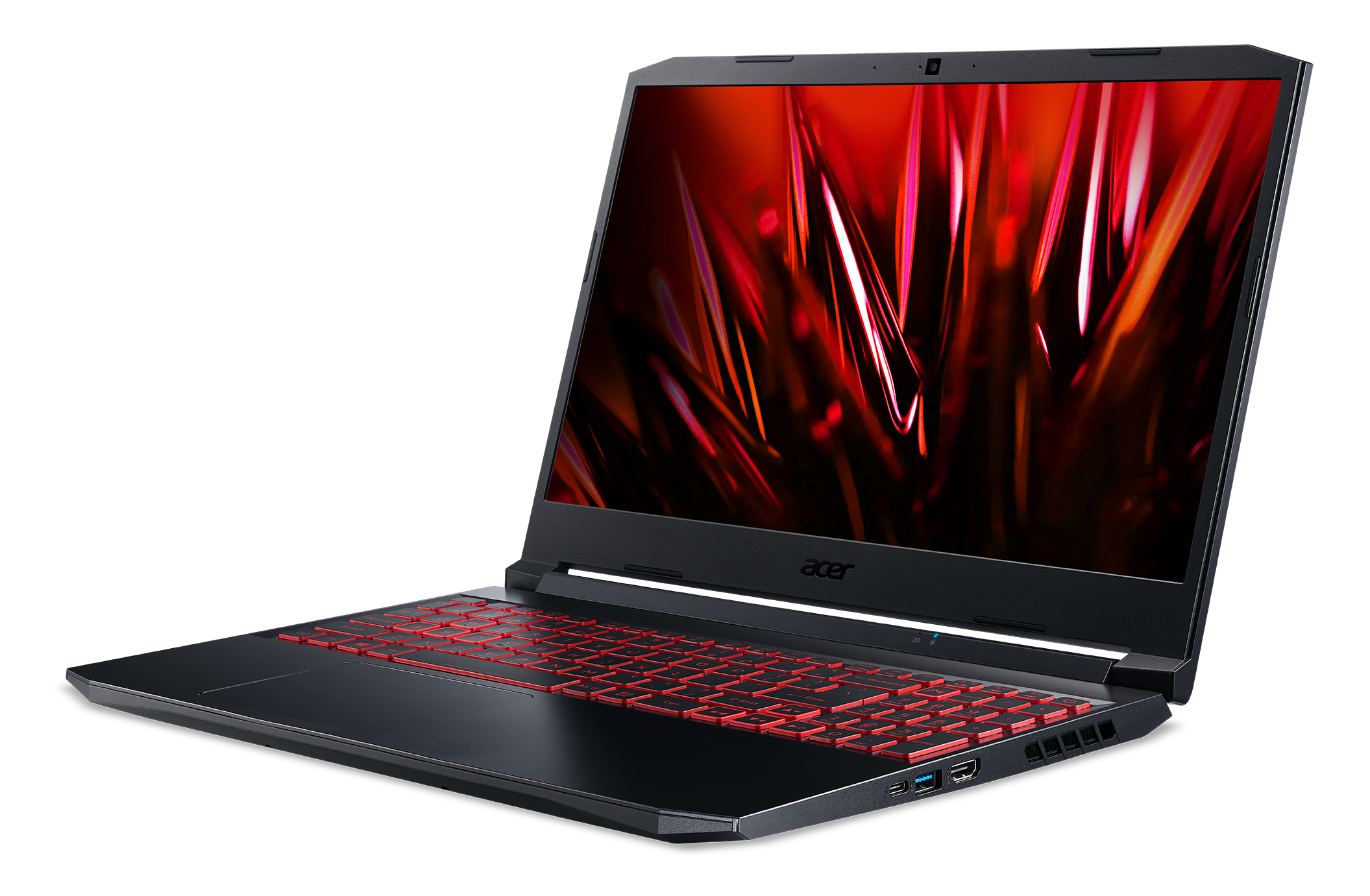 Siyah arka plan üzerinde kırmızı klavyeli siyah dizüstü bilgisayar. Ekran açık.