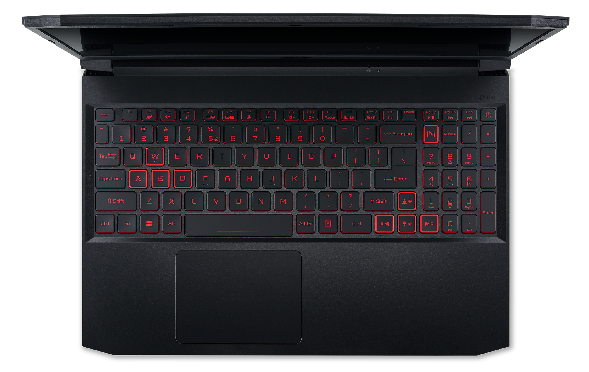 Kırmızı arkadan aydınlatmalı tuşlara sahip siyah dizüstü bilgisayar klavyesi. Klavye açık.