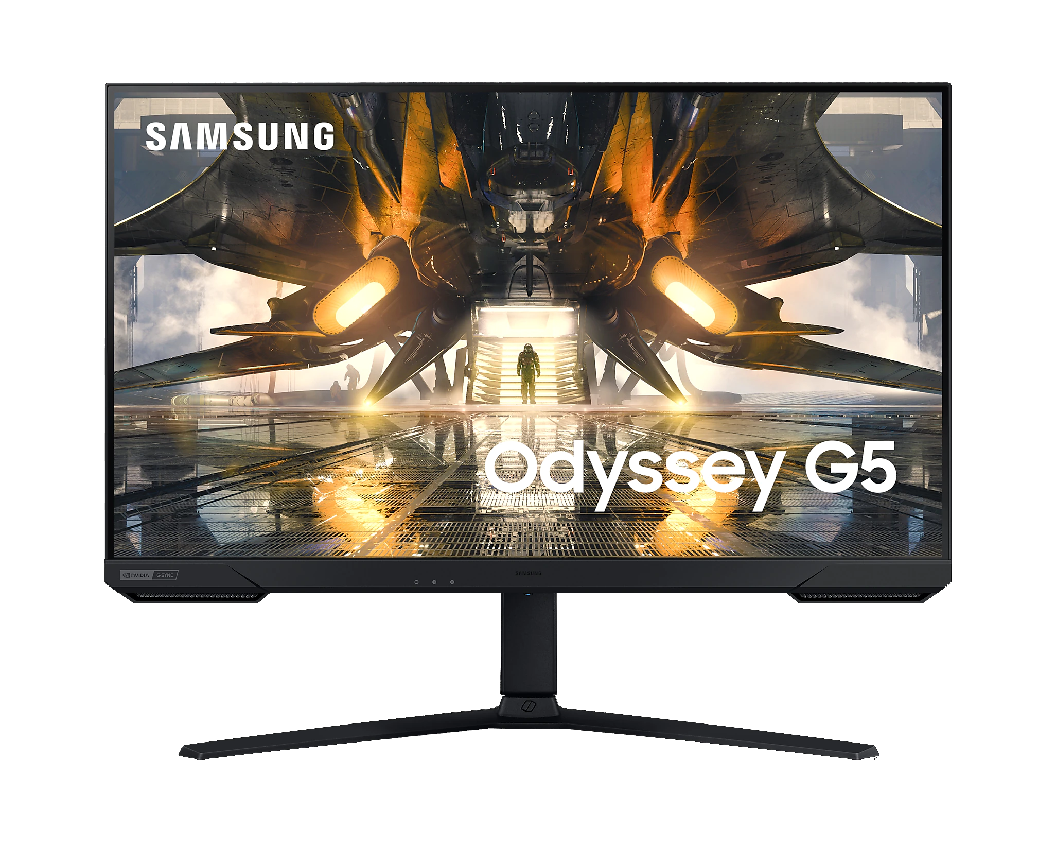 Monitor Samsung Odyssey G5 mostrando una escena futurista.