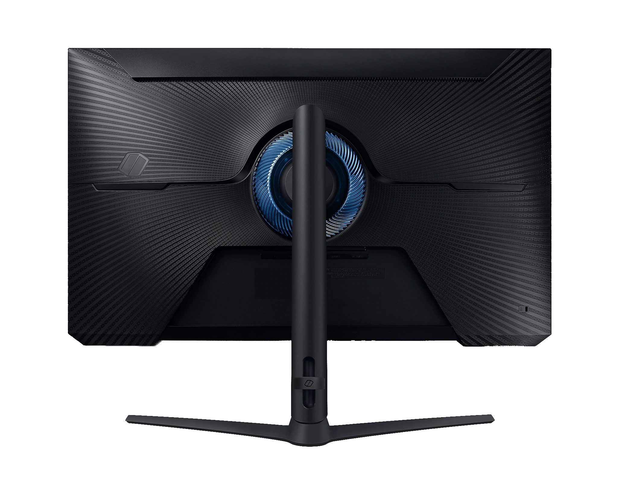 Parte trasera de un monitor sobre un fondo negro. Tiene un diseño circular azul y un soporte.
