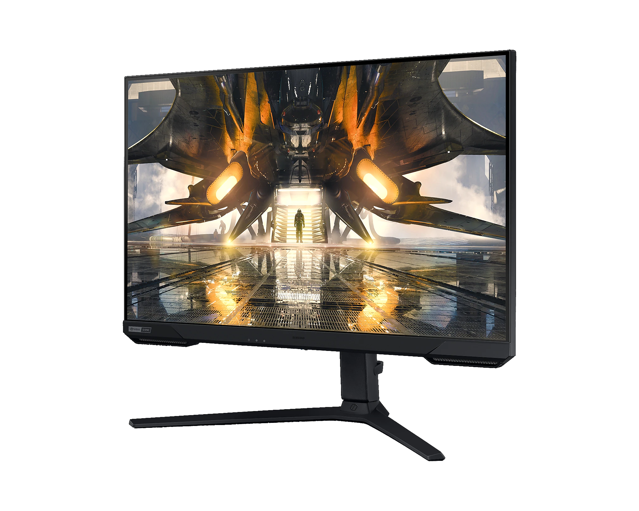 Un monitor de juegos muestra una escena futurista con una nave espacial y una figura en el centro.
