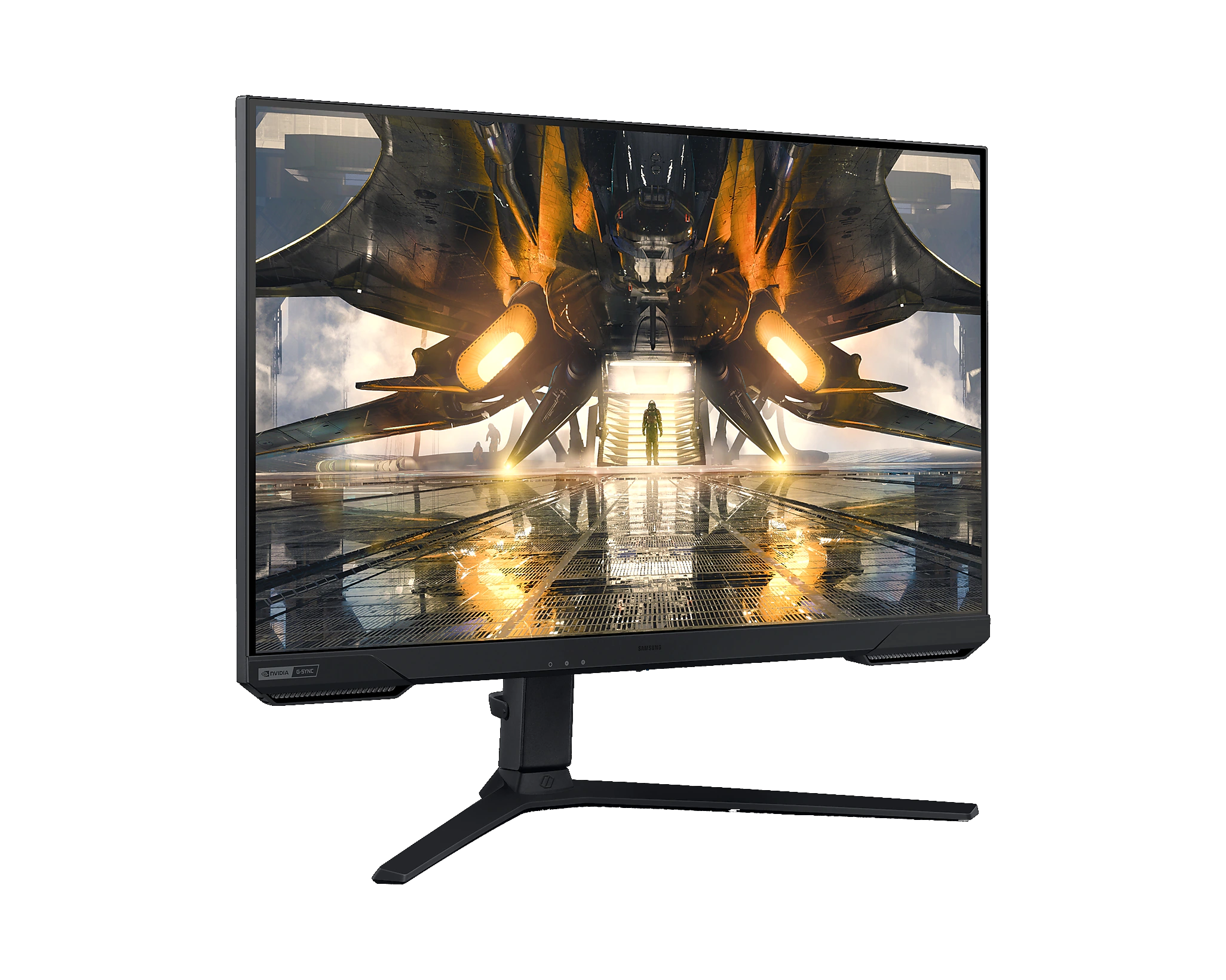 Monitor de juegos con escena de nave espacial en pantalla, sobre fondo negro.
