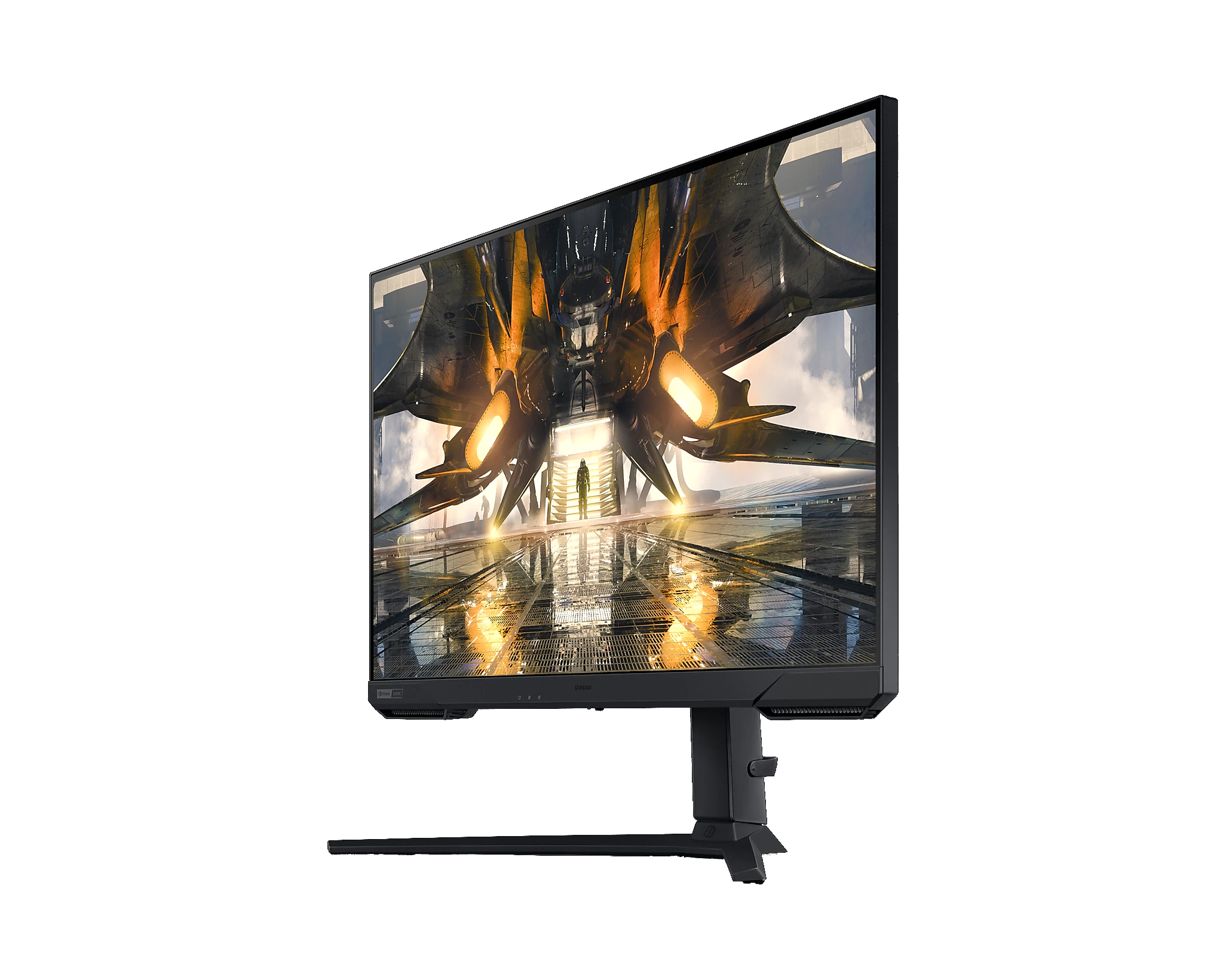 Monitor de juegos negro. Vista en ángulo. Soporte negro. Pantalla muestra escena espacial futurista.