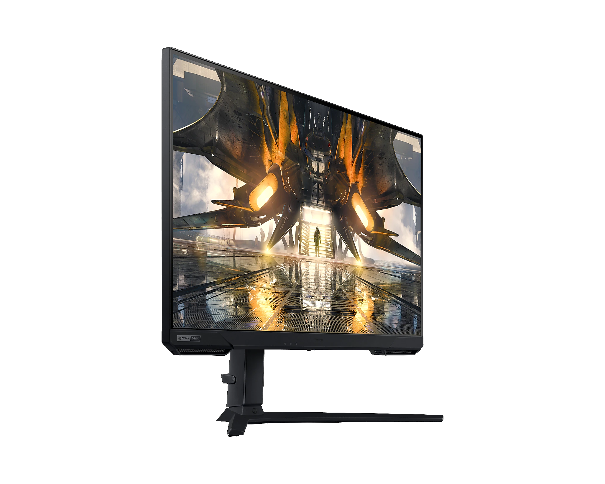 Un monitor curvo muestra una escena futurista sobre un fondo negro.