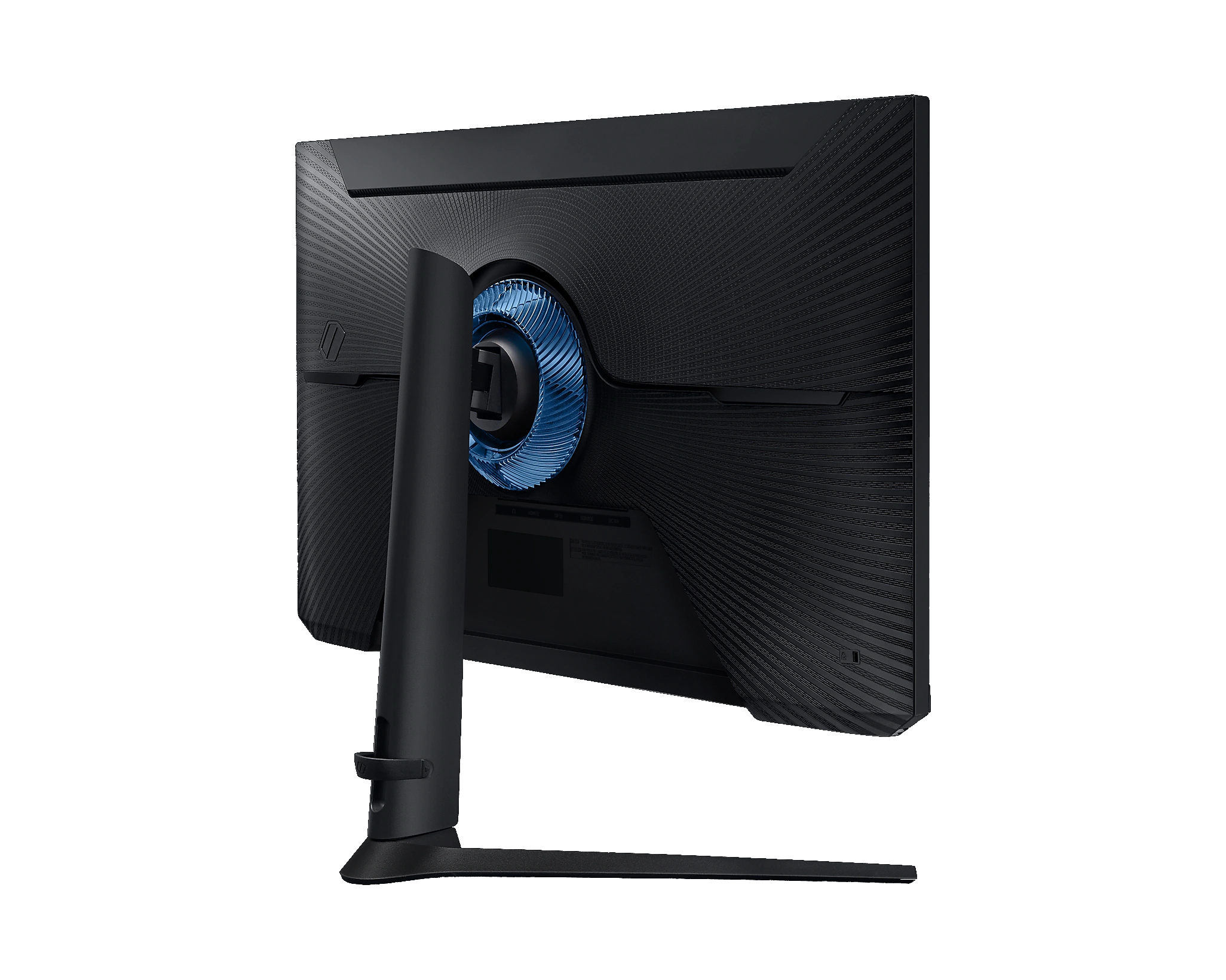 Monitor de computadora negro, vista trasera, con detalles azules en el soporte.