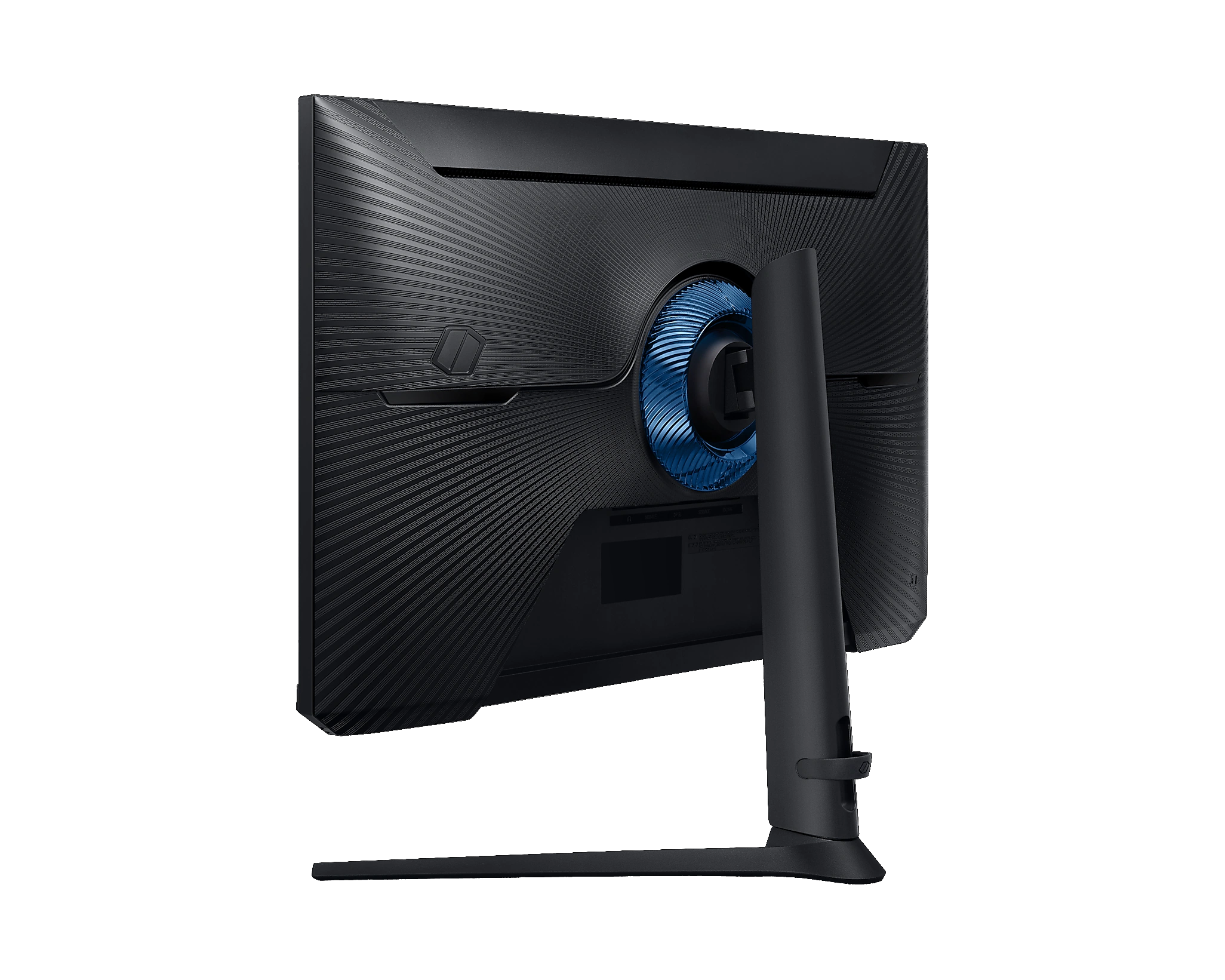 Parte trasera de un monitor de juegos negro y azul.