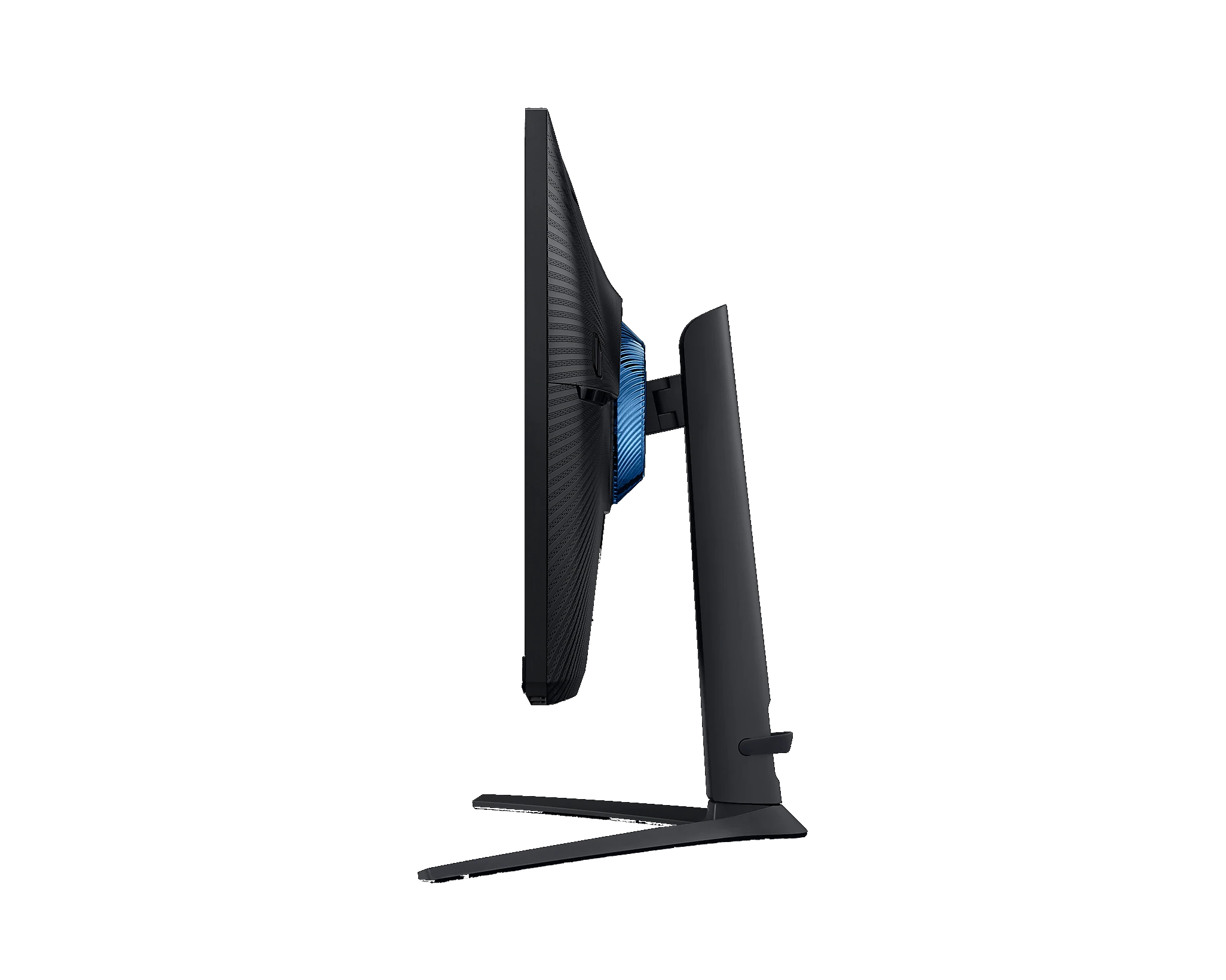 Vista lateral de un monitor de computadora negro curvo. El monitor está sobre un soporte negro con fondo negro.