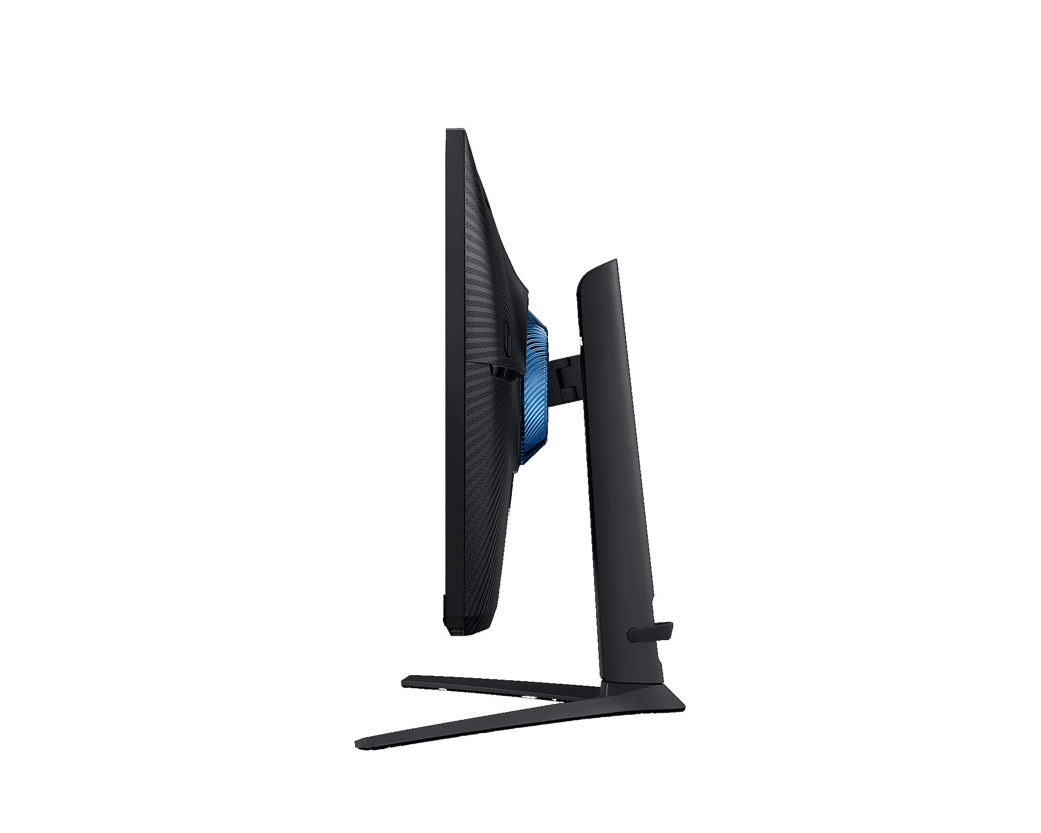 Vista lateral de un monitor de computadora negro curvo con la parte trasera azul.